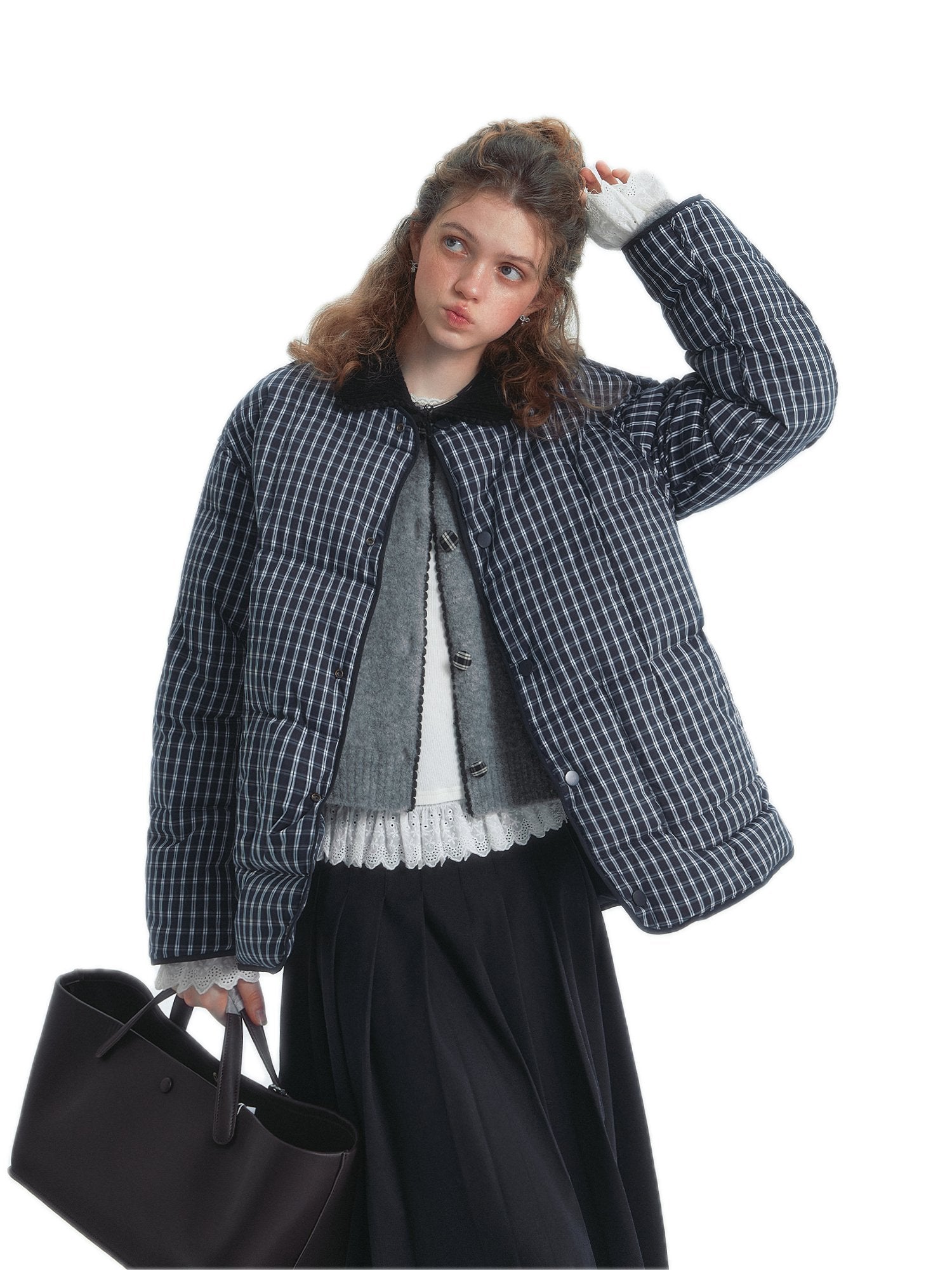 SOMESOWE Checkered Collarless Quilted Colorblock Down Jacket | MADAX