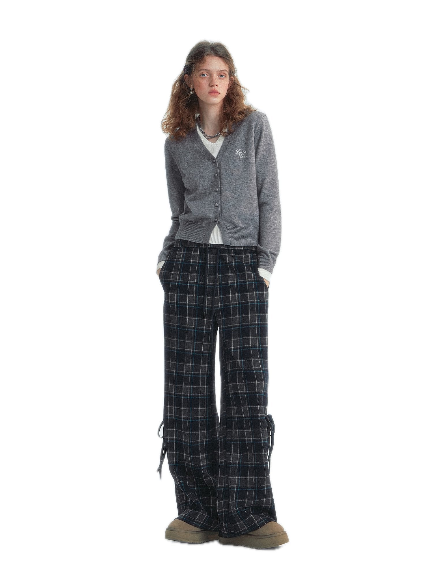 SOMESOWE Checkered Drawstring Bow Trousers In Blue | MADAX