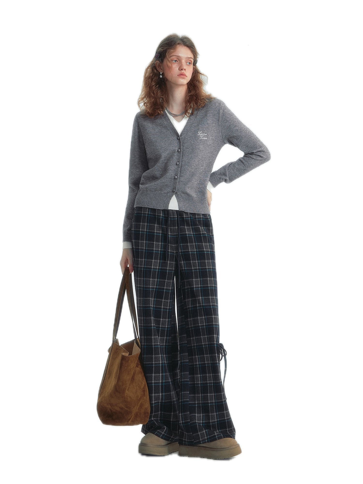 SOMESOWE Checkered Drawstring Bow Trousers In Blue | MADAX