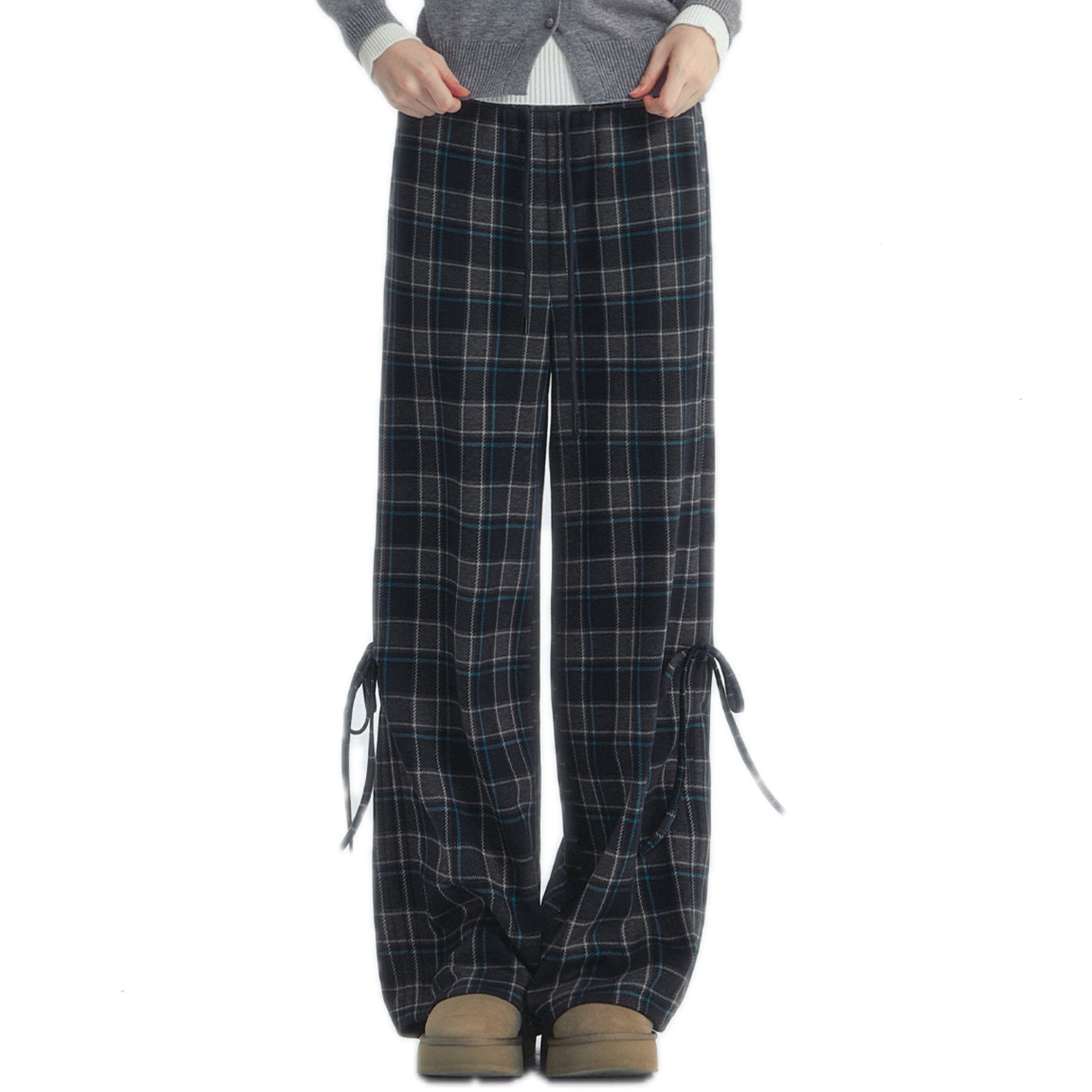 SOMESOWE Checkered Drawstring Bow Trousers In Blue | MADAX