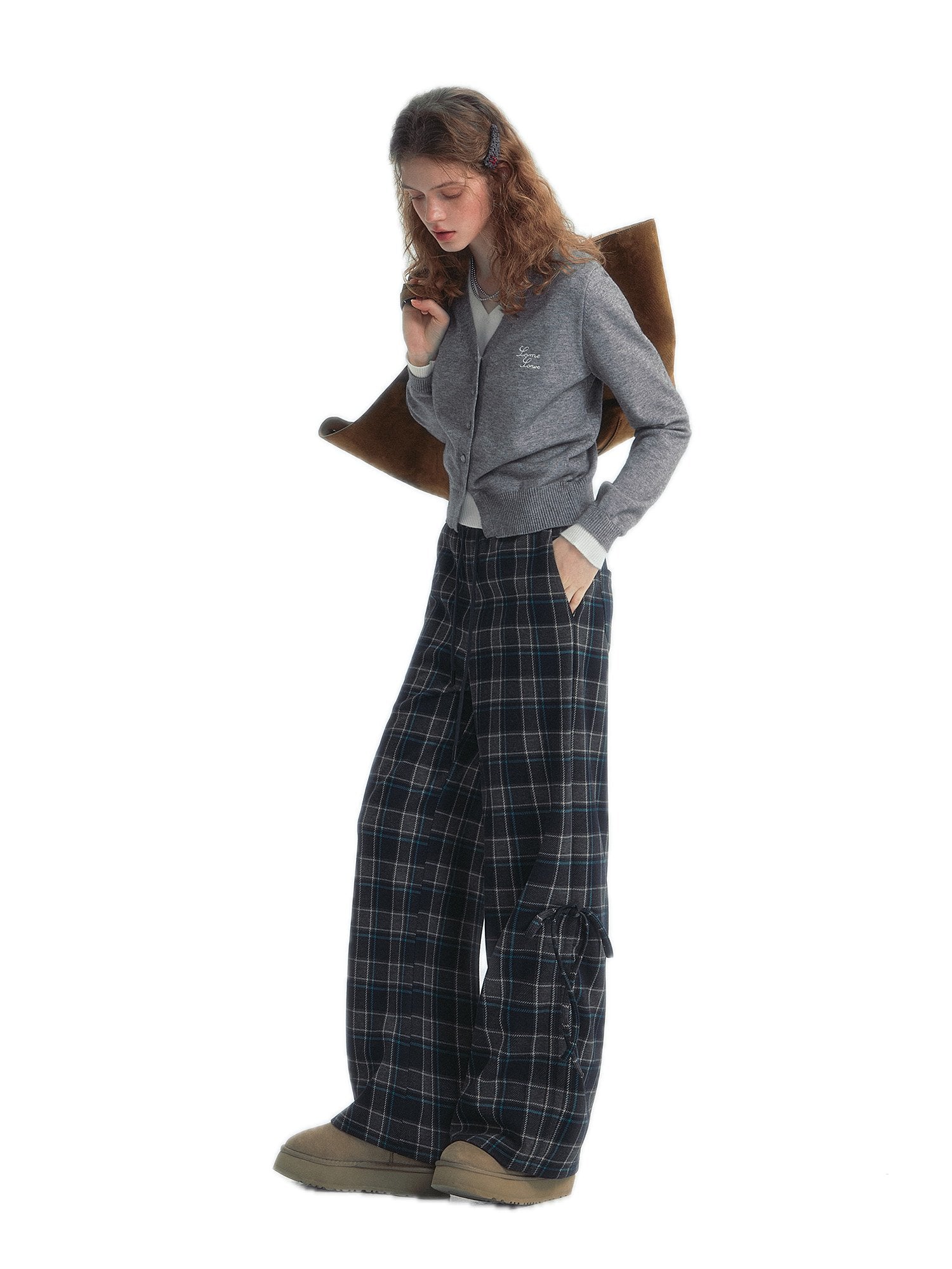 SOMESOWE Checkered Drawstring Bow Trousers In Blue | MADAX