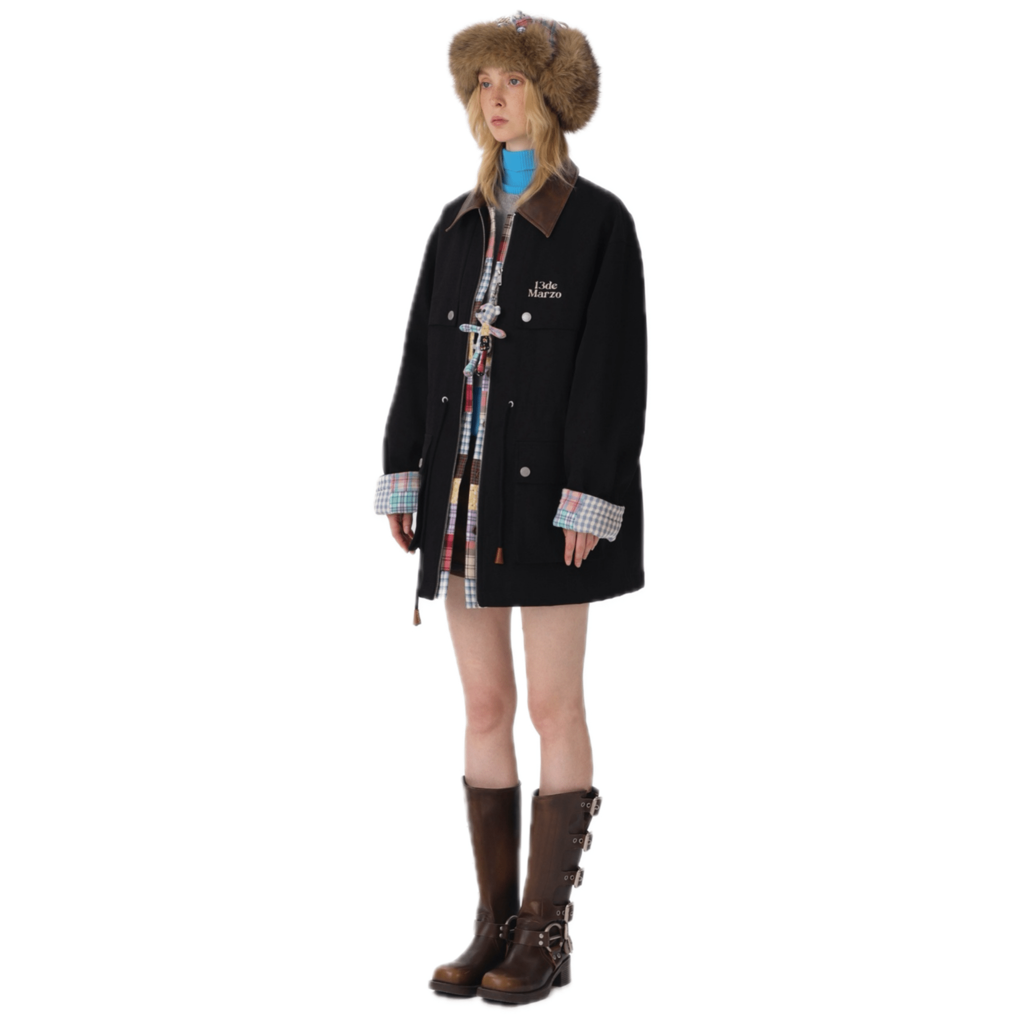 13DE MARZO Checkered Mid - length Parka in Black | MADAX