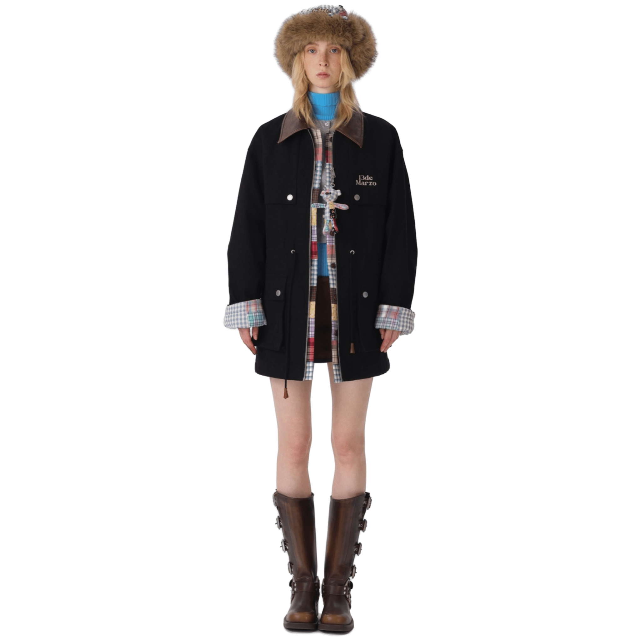 13DE MARZO Checkered Mid - length Parka in Black | MADAX