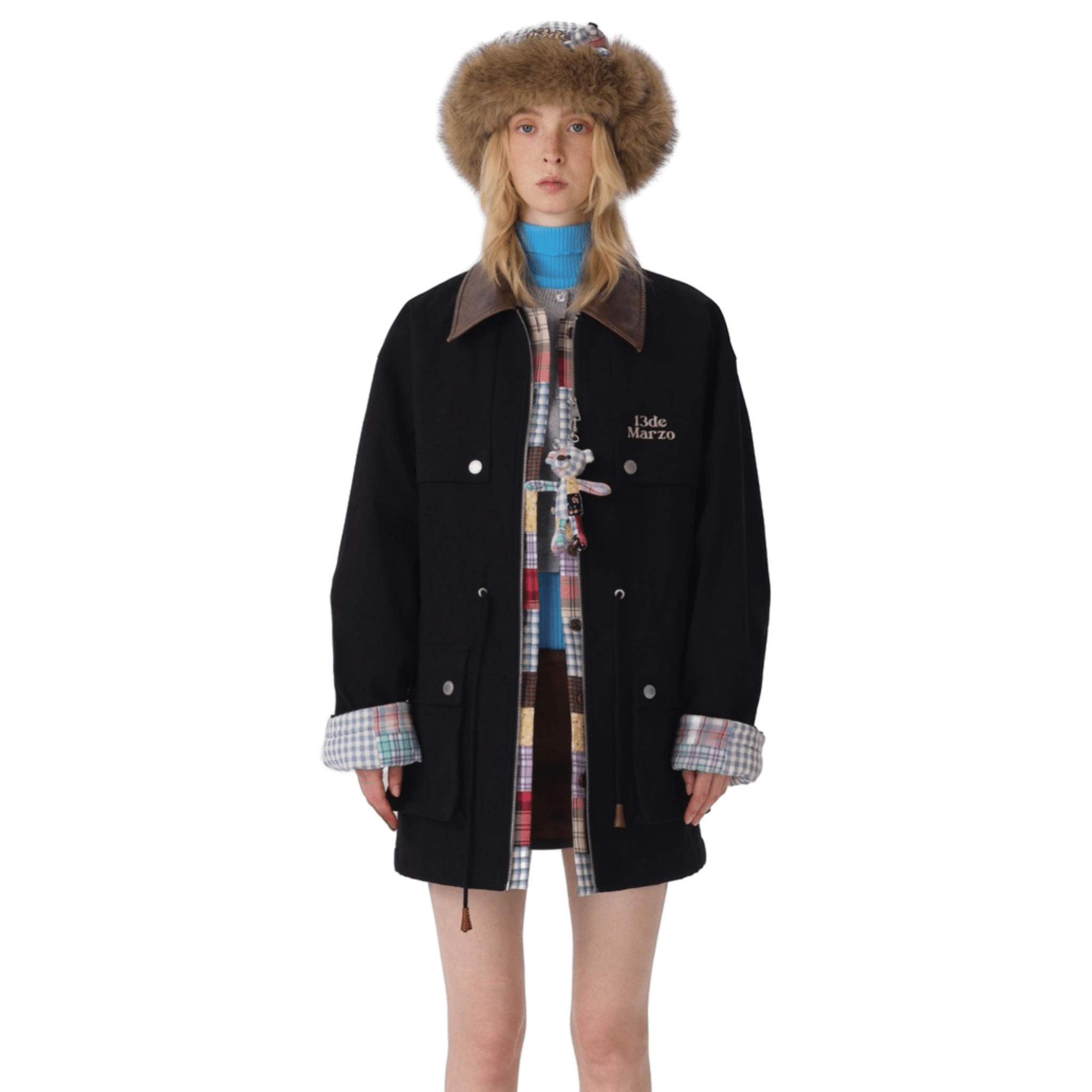 13DE MARZO Checkered Mid - length Parka in Black | MADAX