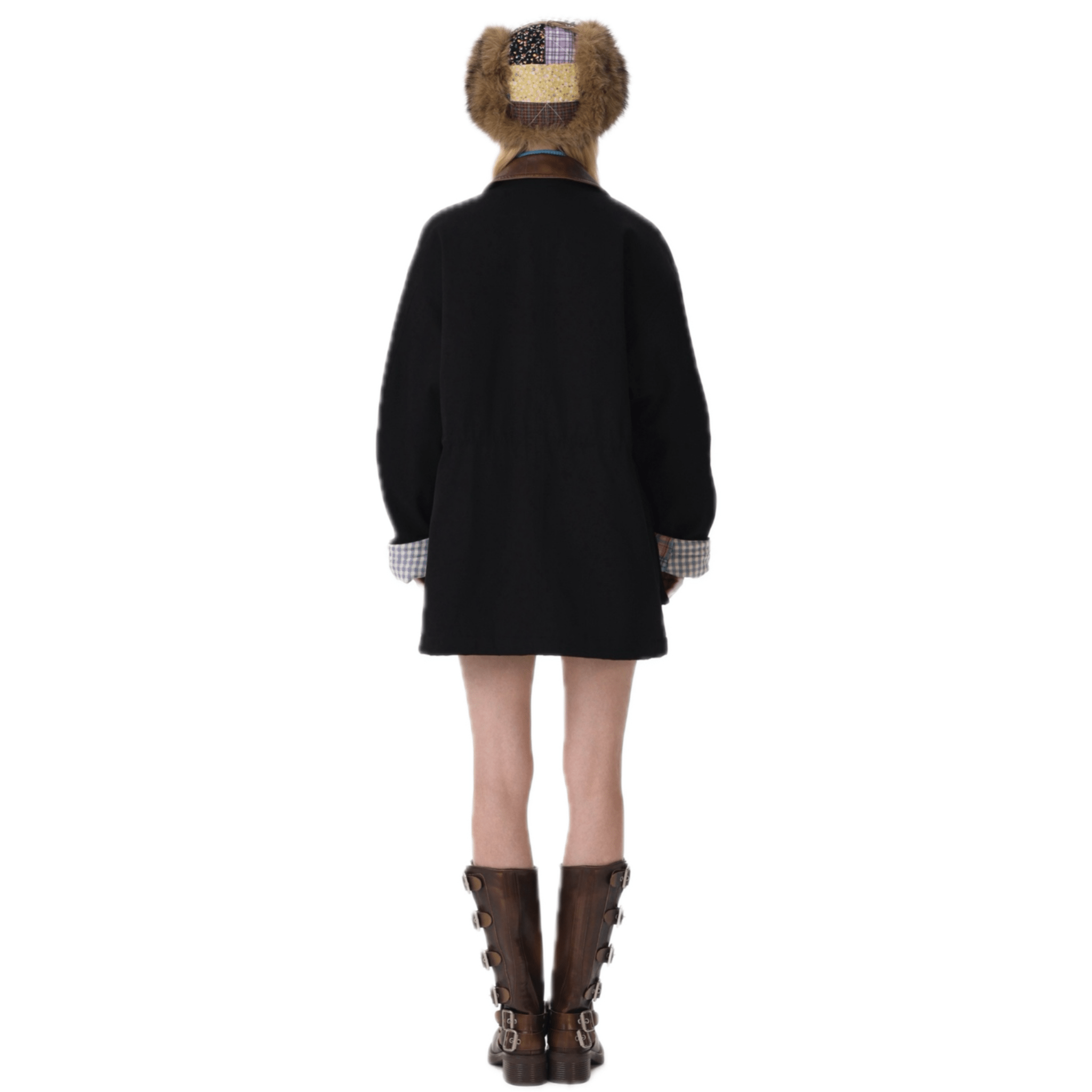 13DE MARZO Checkered Mid - length Parka in Black | MADAX