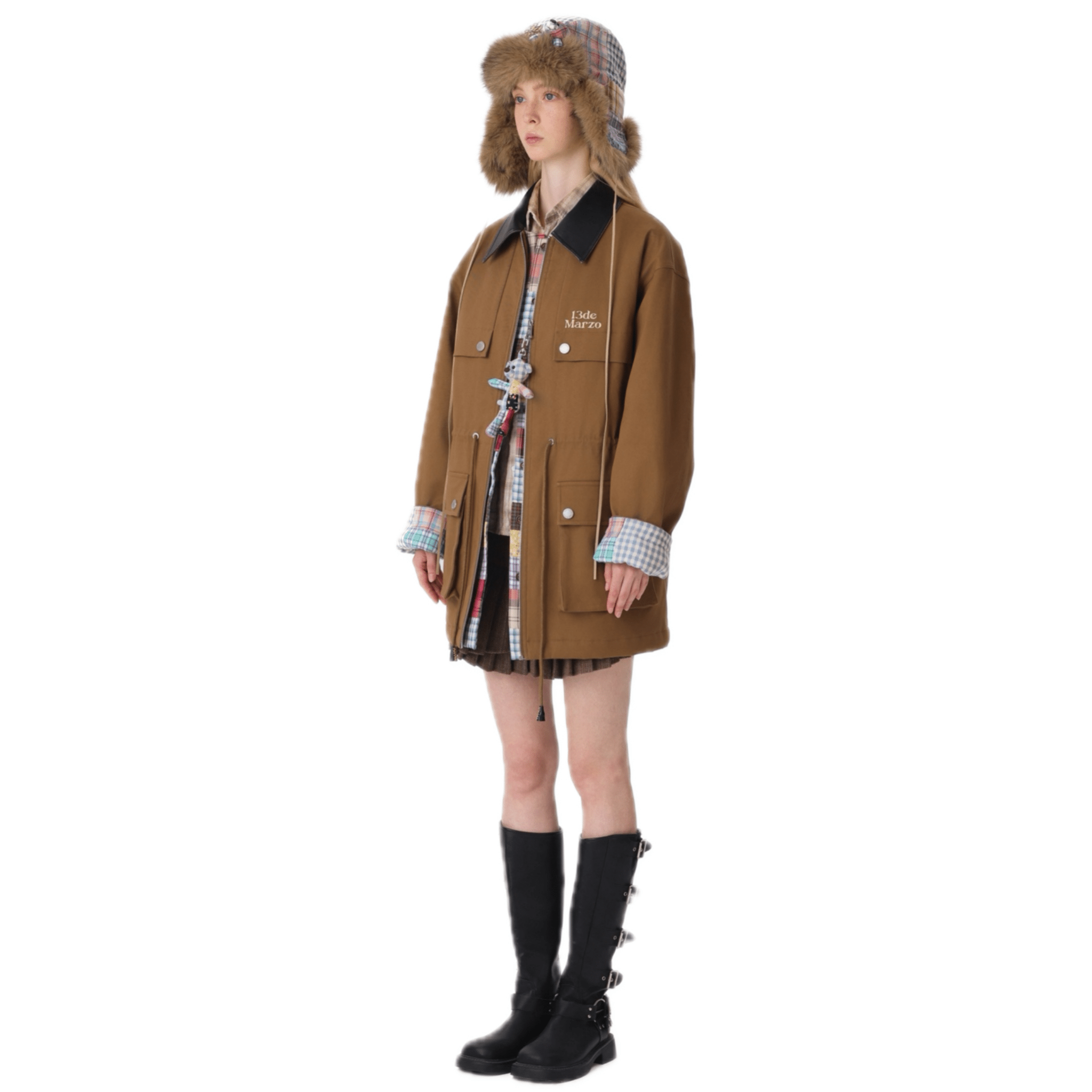 13DE MARZO Checkered Mid - length Parka in Brown | MADAX