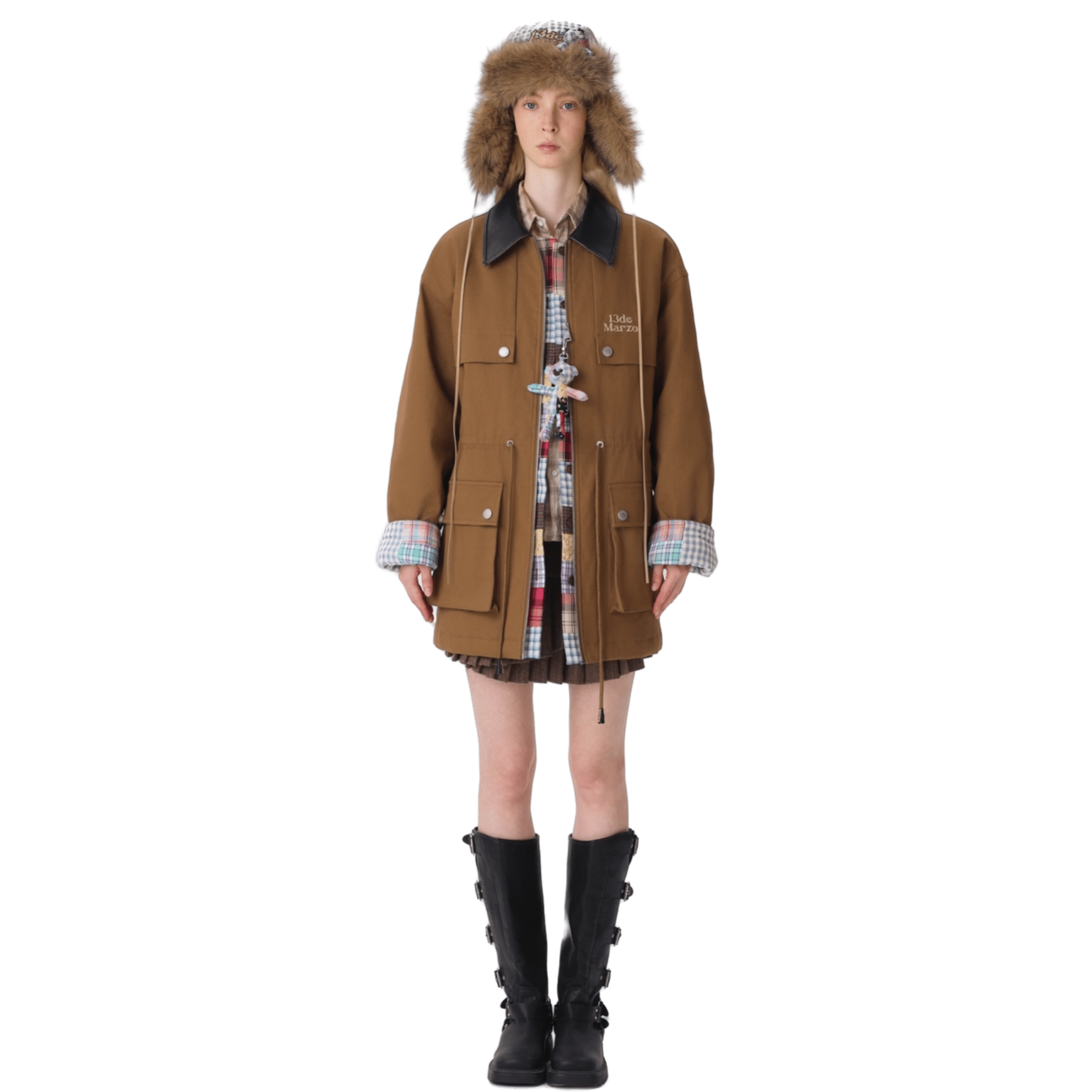 13DE MARZO Checkered Mid - length Parka in Brown | MADAX