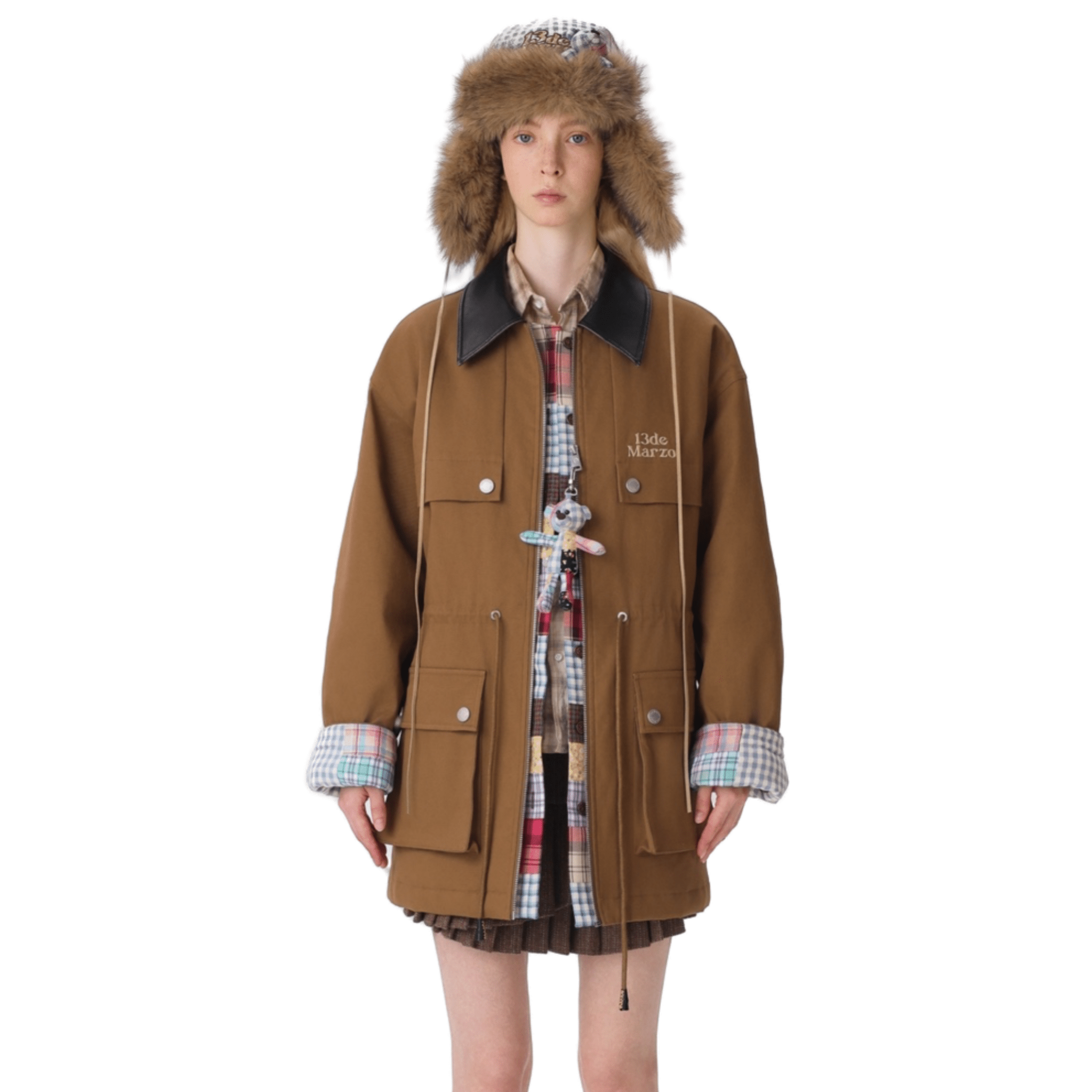 13DE MARZO Checkered Mid - length Parka in Brown | MADAX