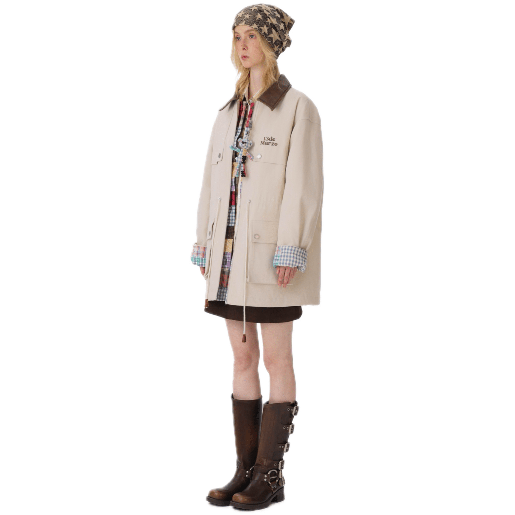 13DE MARZO Checkered Mid - length Parka in Off - white | MADAX