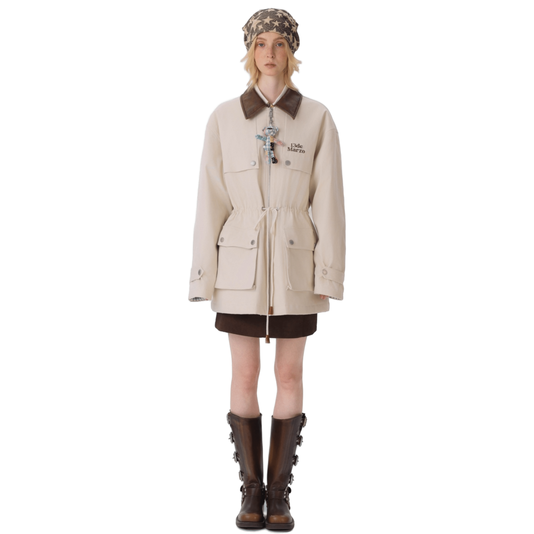 13DE MARZO Checkered Mid - length Parka in Off - white | MADAX