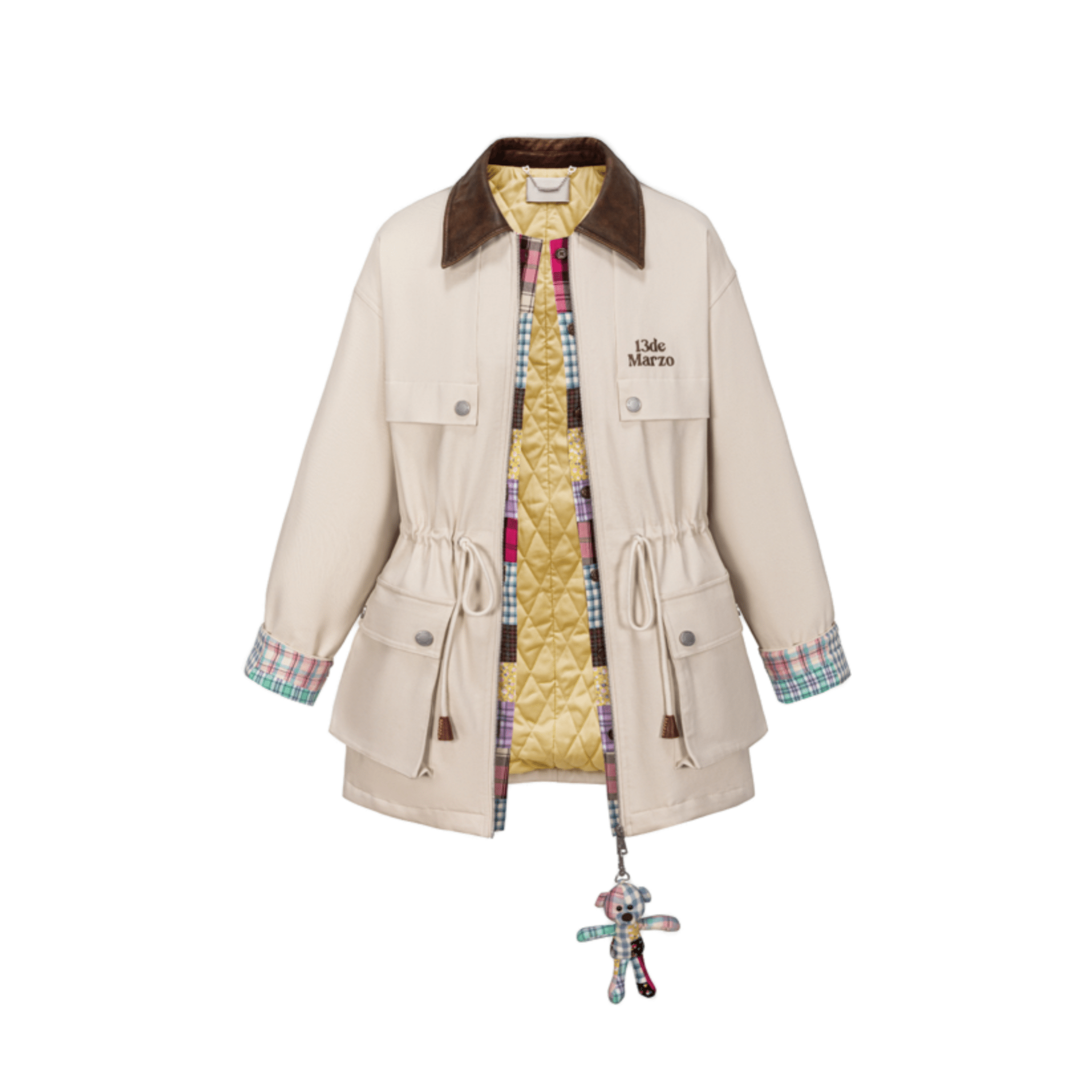 13DE MARZO Checkered Mid - length Parka in Off - white | MADAX