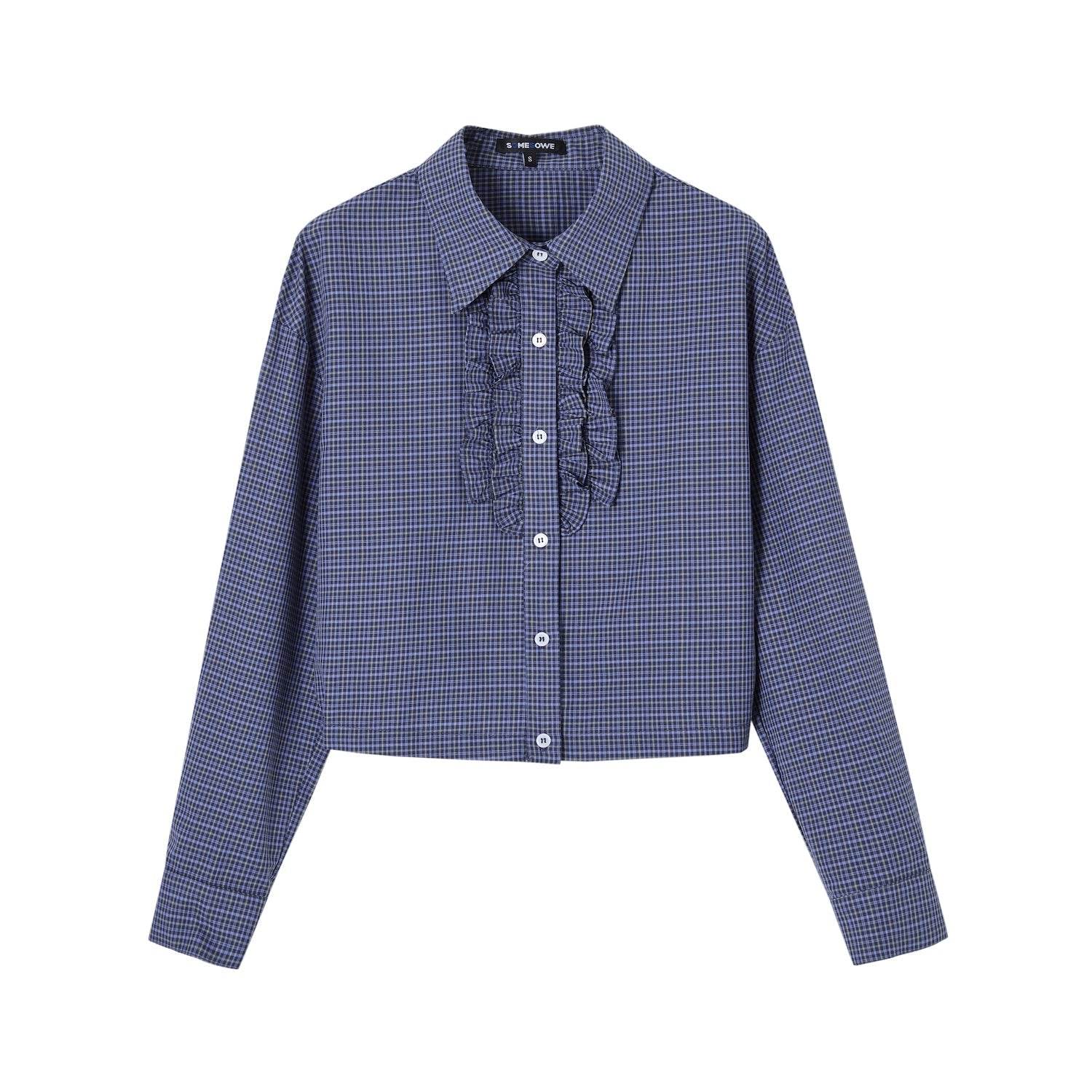 SOMESOWE Checkered Ruffled Oversized Short Shirt In Dark Blue | MADAX
