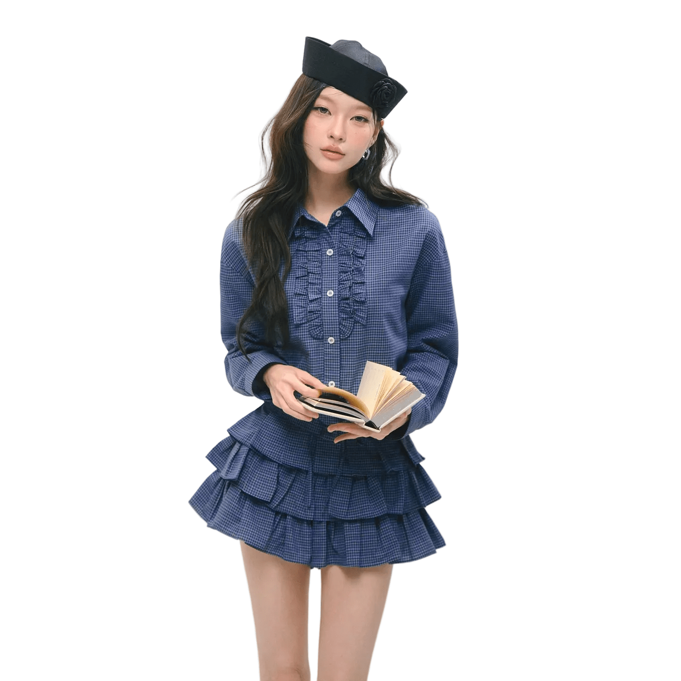 SOMESOWE Checkered Ruffled Oversized Short Shirt In Dark Blue | MADAX
