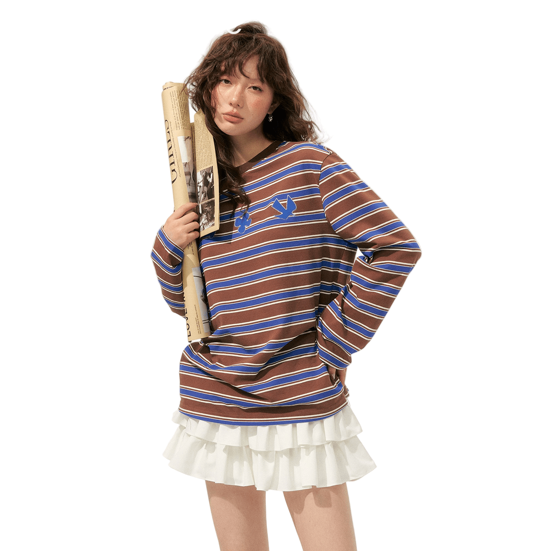 SOMESOWE Childish Applique Embroidered Striped Long - Sleeved T-Shirt In Blue Stripes | MADAX