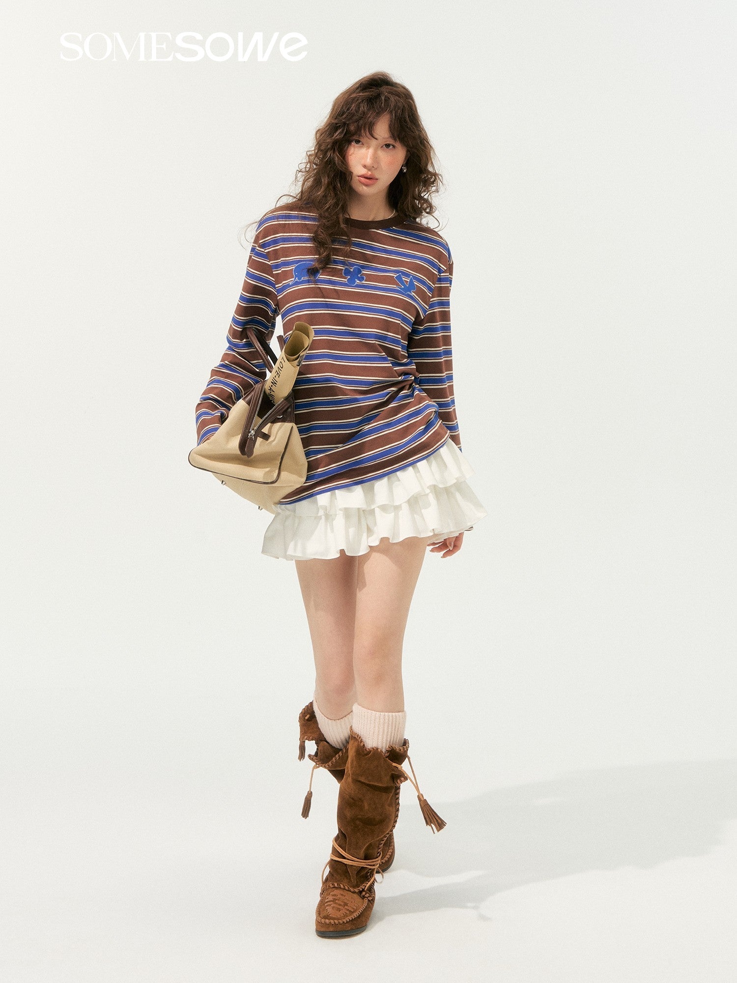 SOMESOWE Childish Applique Embroidered Striped Long - Sleeved T-Shirt In Blue Stripes | MADAX
