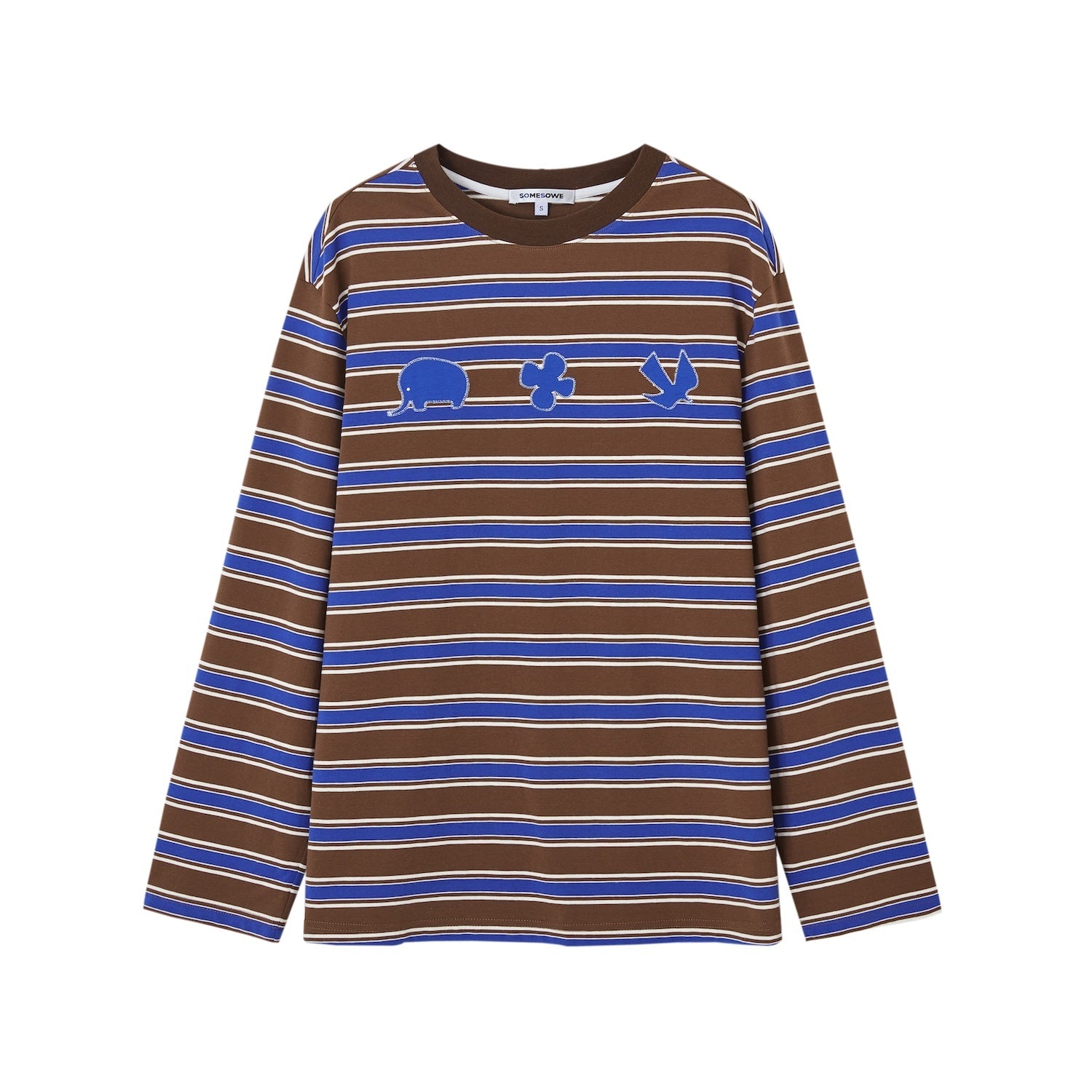 SOMESOWE Childish Applique Embroidered Striped Long - Sleeved T-Shirt In Blue Stripes | MADAX