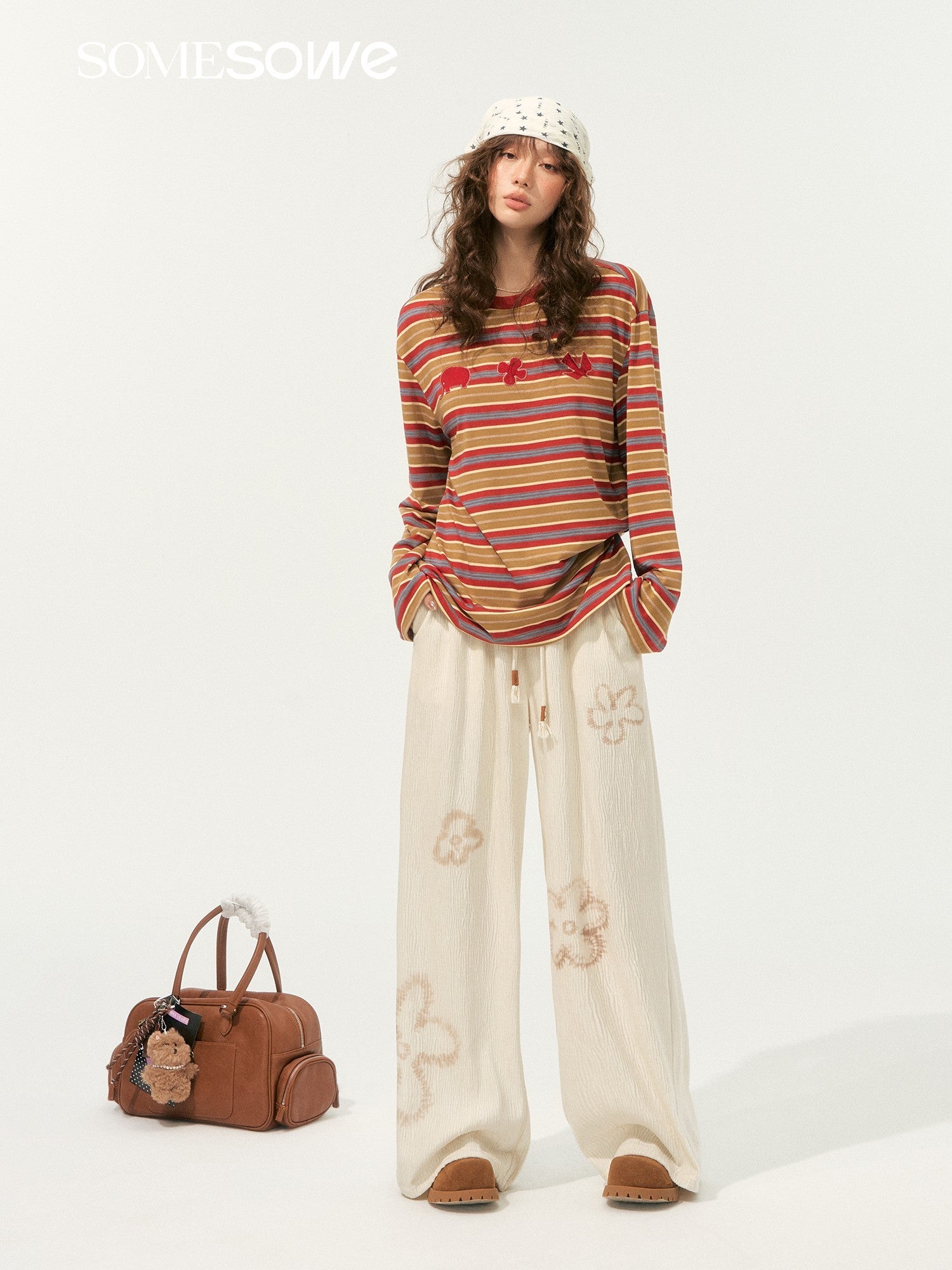 SOMESOWE Childish Applique Embroidered Striped Long - Sleeved T-Shirt In Red Stripes | MADAX