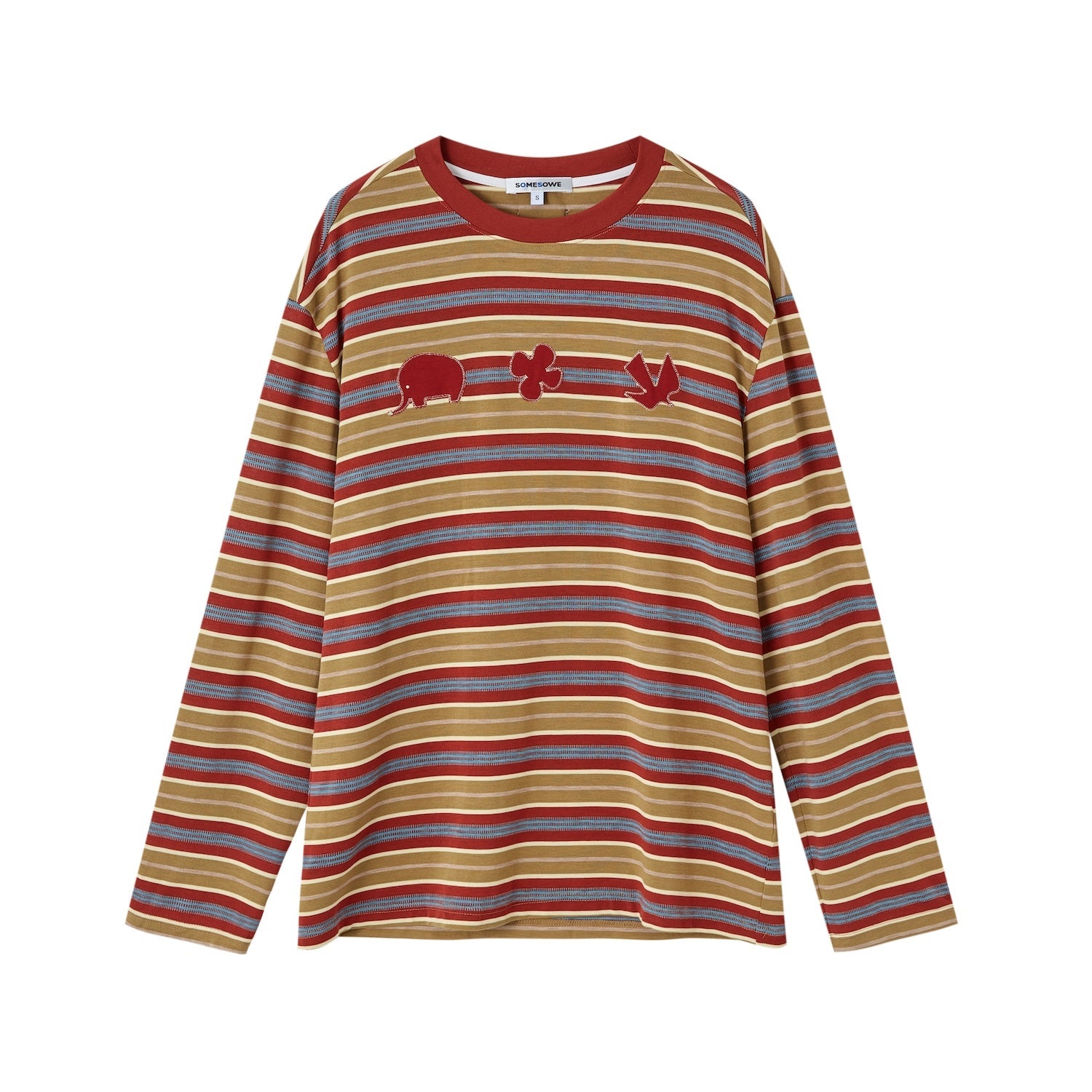 SOMESOWE Childish Applique Embroidered Striped Long - Sleeved T-Shirt In Red Stripes | MADAX