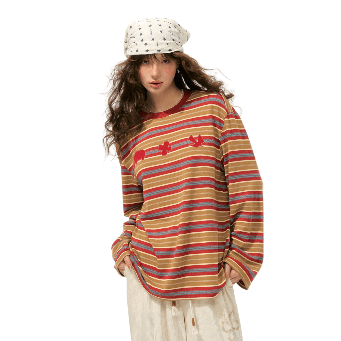 SOMESOWE Childish Applique Embroidered Striped Long - Sleeved T-Shirt In Red Stripes | MADAX