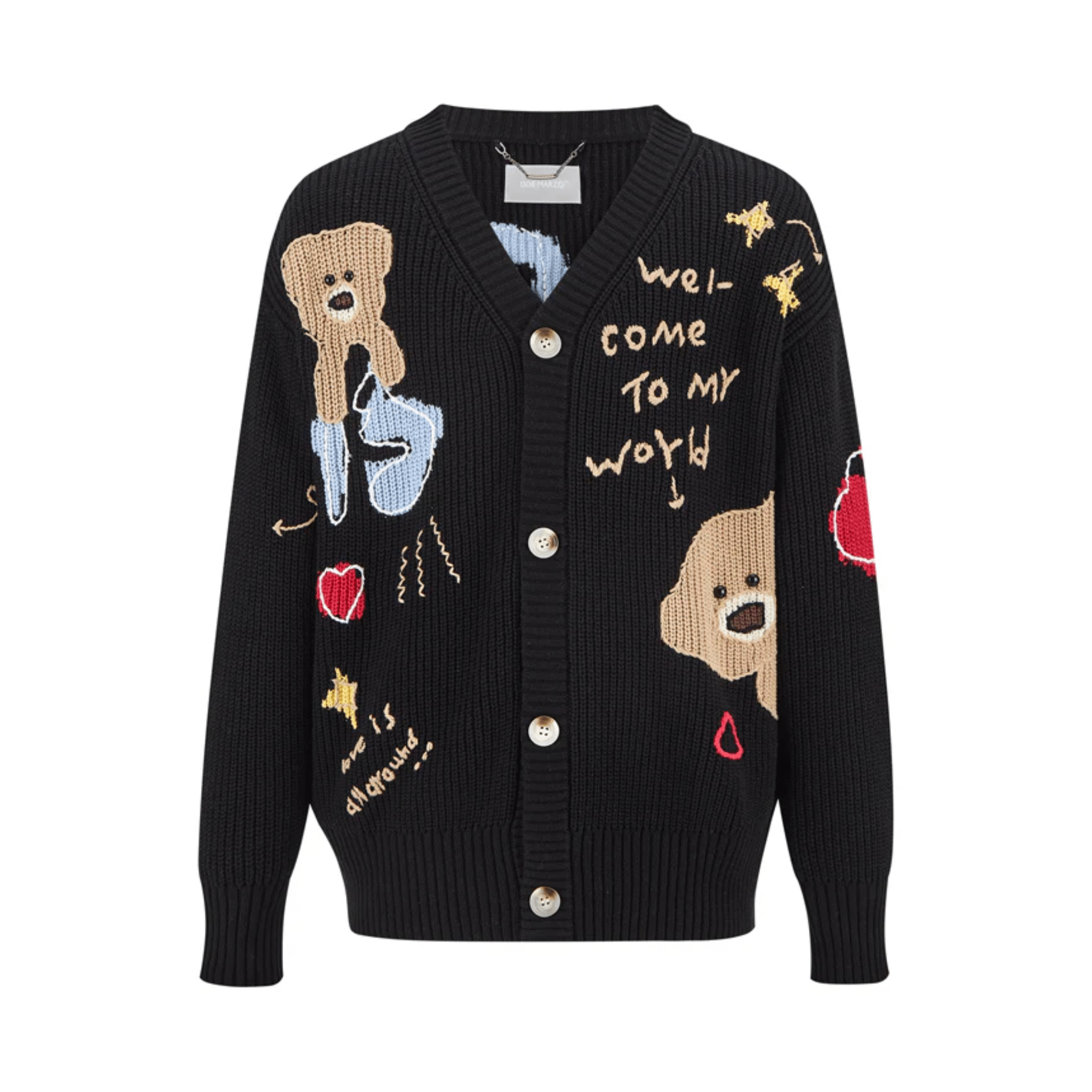 13DE MARZO Chunky Needle Graffiti Cardigan Sweater V - Neck Knitted Jacket in Black | MADAX