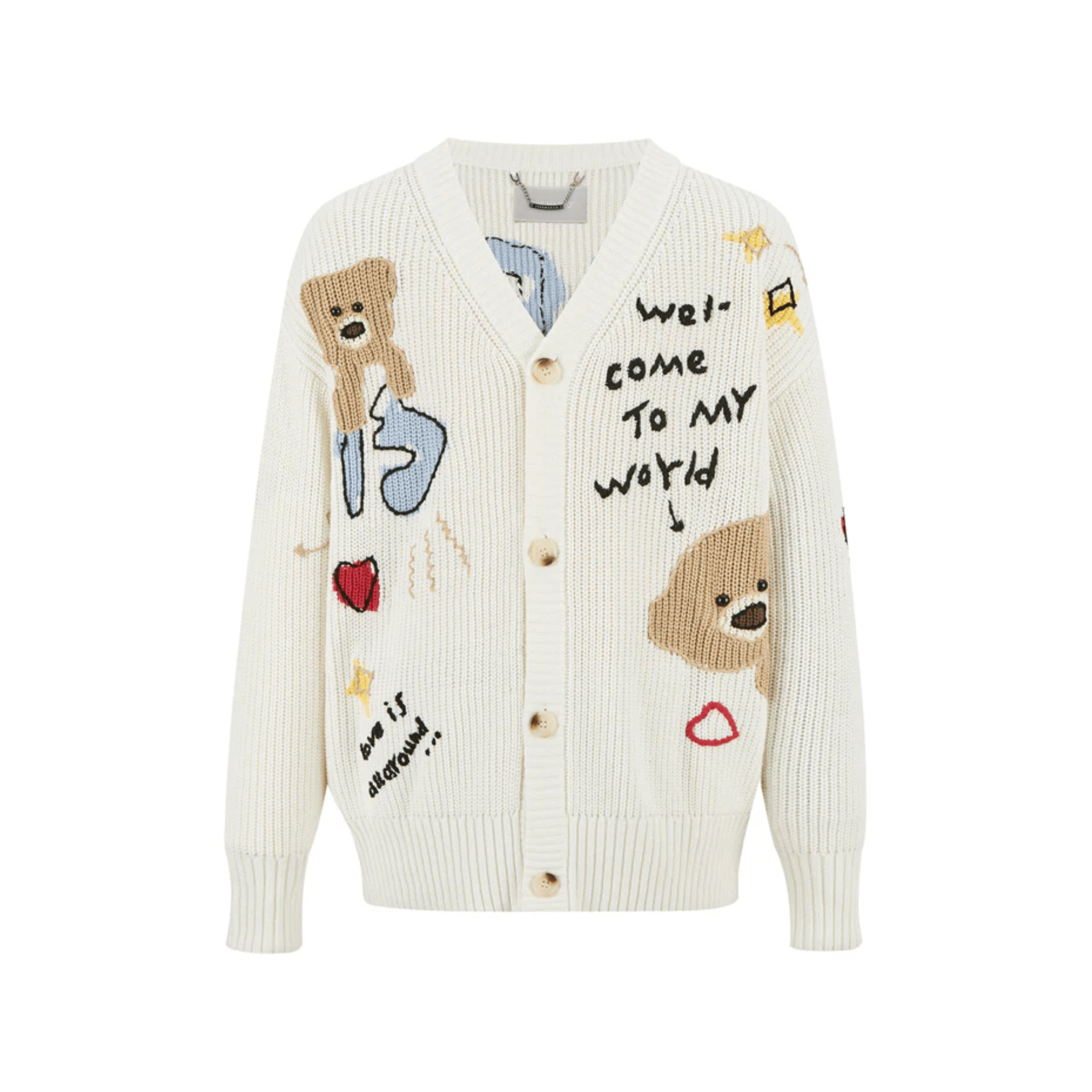 13DE MARZO Chunky Needle Graffiti Cardigan Sweater V - Neck Knitted Jacket in White | MADAX