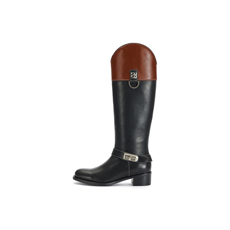 Sugar Su Classic Knight Boots with Double Belt And Color Matching Black | MADAX