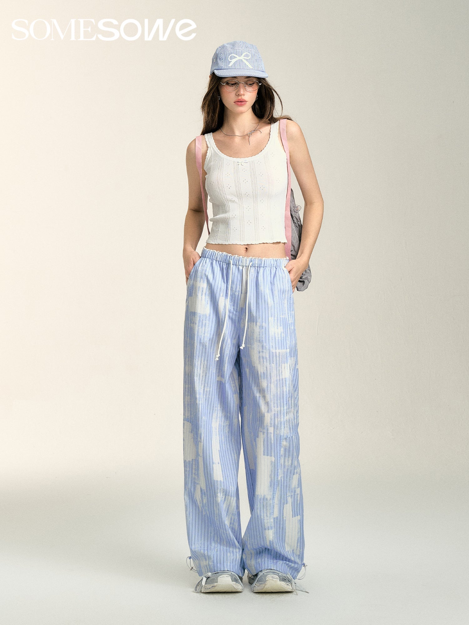 SOMESOWE Cloud Stripe Drawstring Trousers in Blue | MADA IN CHINA