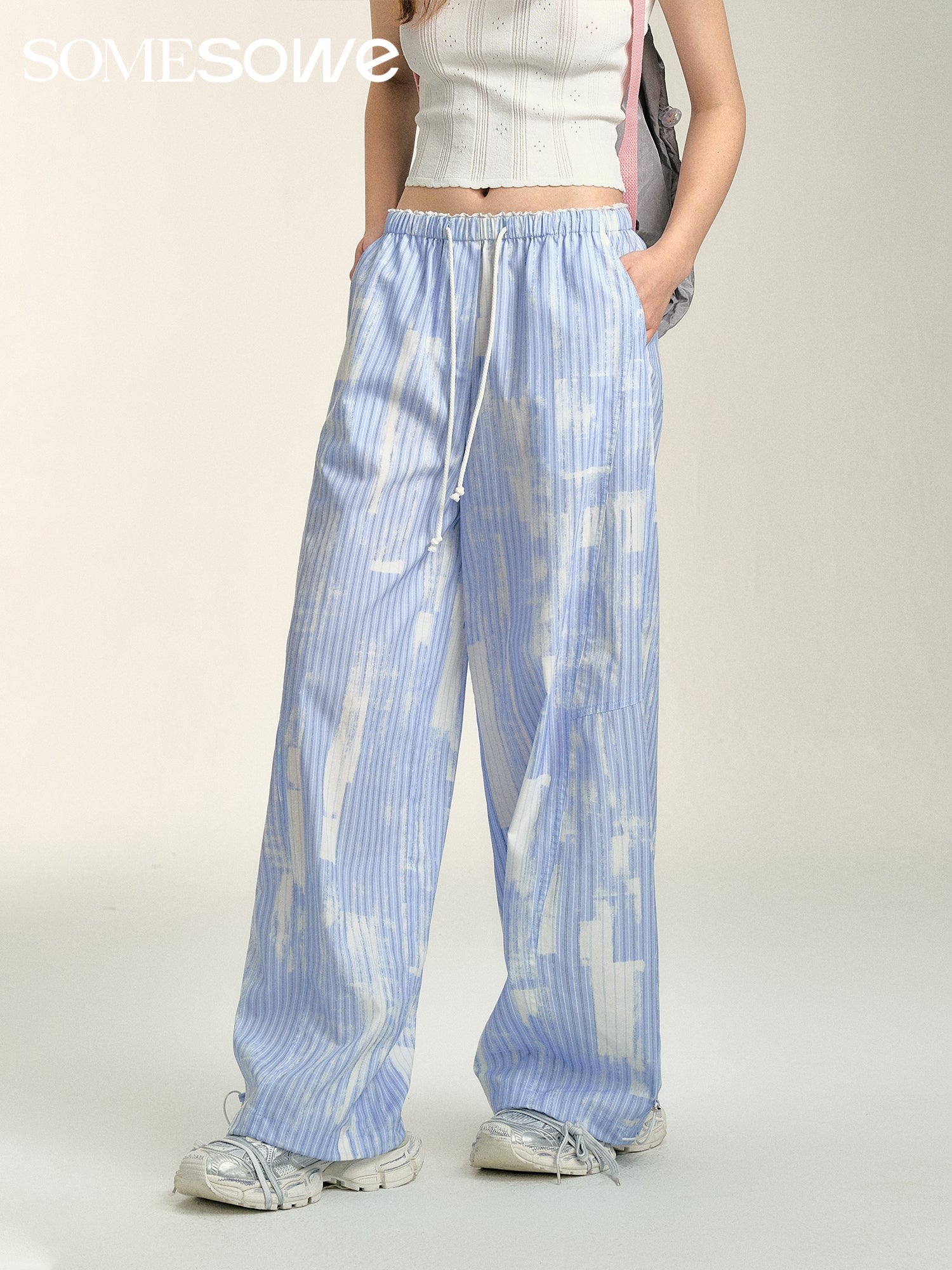 SOMESOWE Cloud Stripe Drawstring Trousers in Blue | MADA IN CHINA