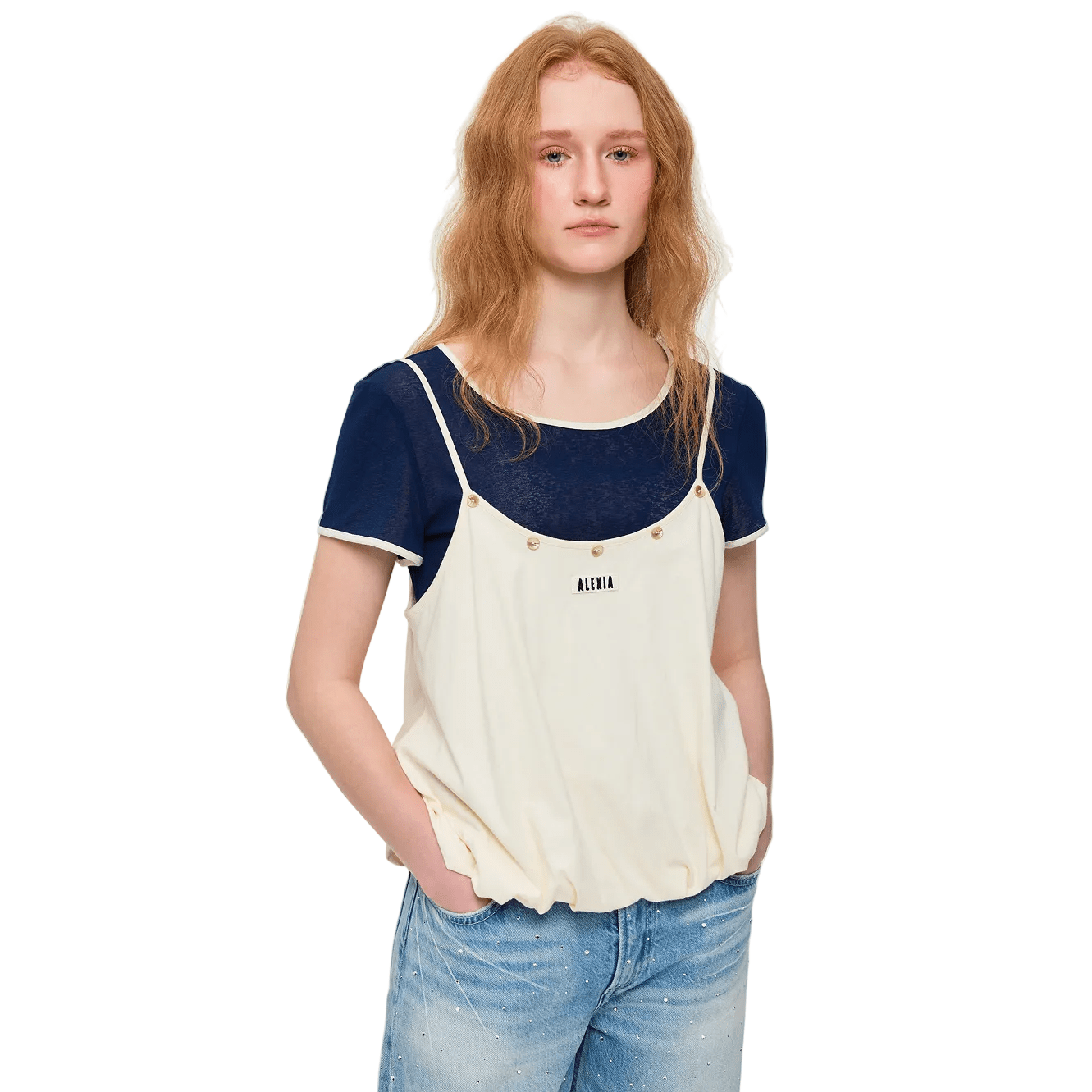 Alexia Sandra Color Blocked Trim Layered Short - Sleeve Top In Navy/White | MADAX