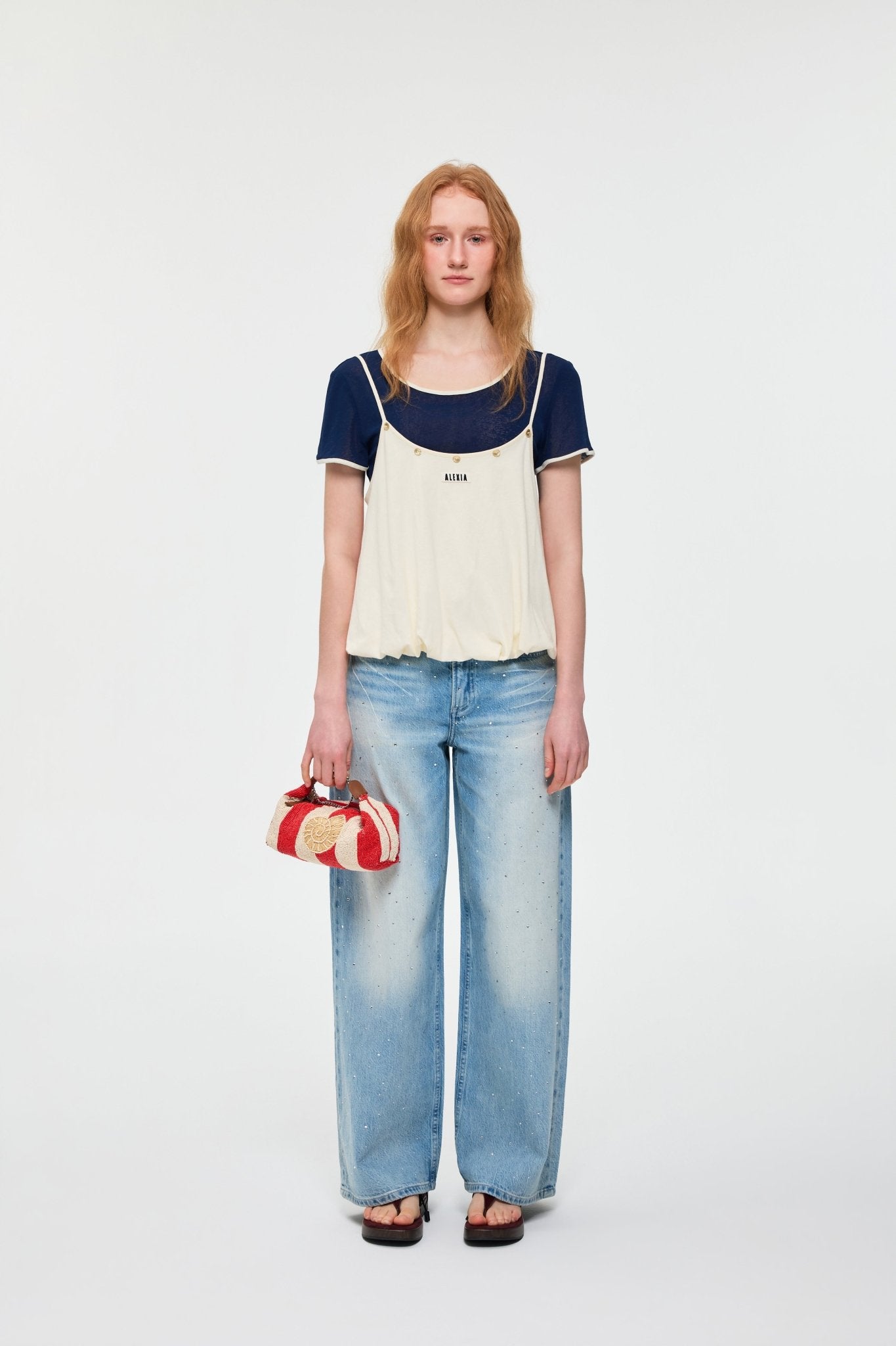 Alexia Sandra Color Blocked Trim Layered Short - Sleeve Top In Navy/White | MADAX