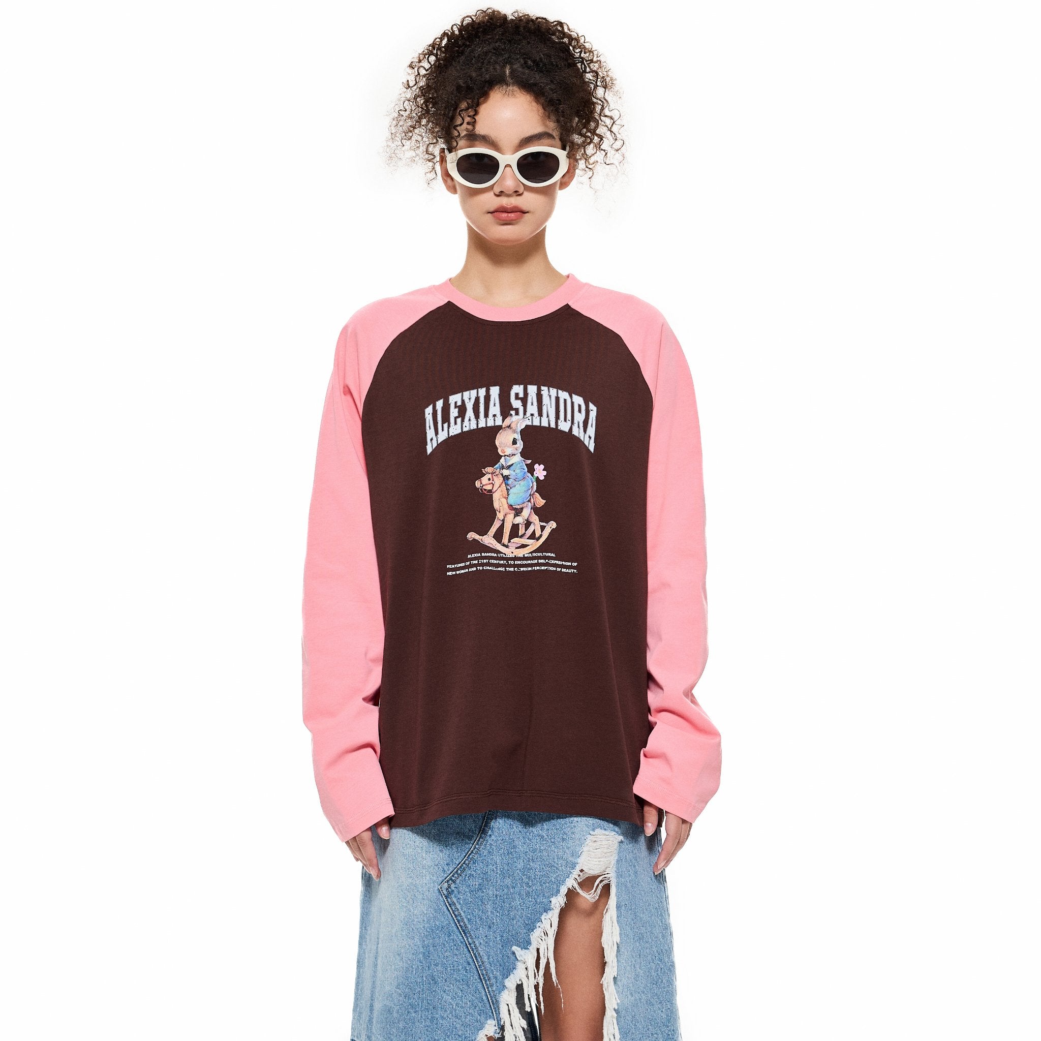 ALEXIA SANDRA Colorblock Classic Trojan Rabbit Long Sleeve T - Shirt in Brown | MADA IN CHINA