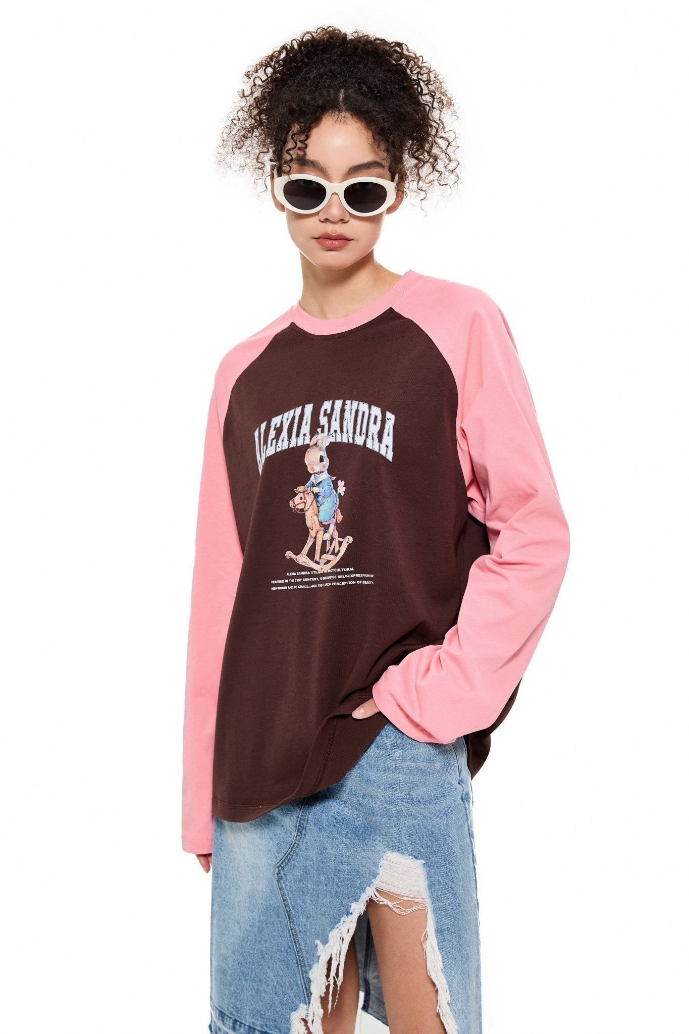 ALEXIA SANDRA Colorblock Classic Trojan Rabbit Long Sleeve T - Shirt in Brown | MADA IN CHINA