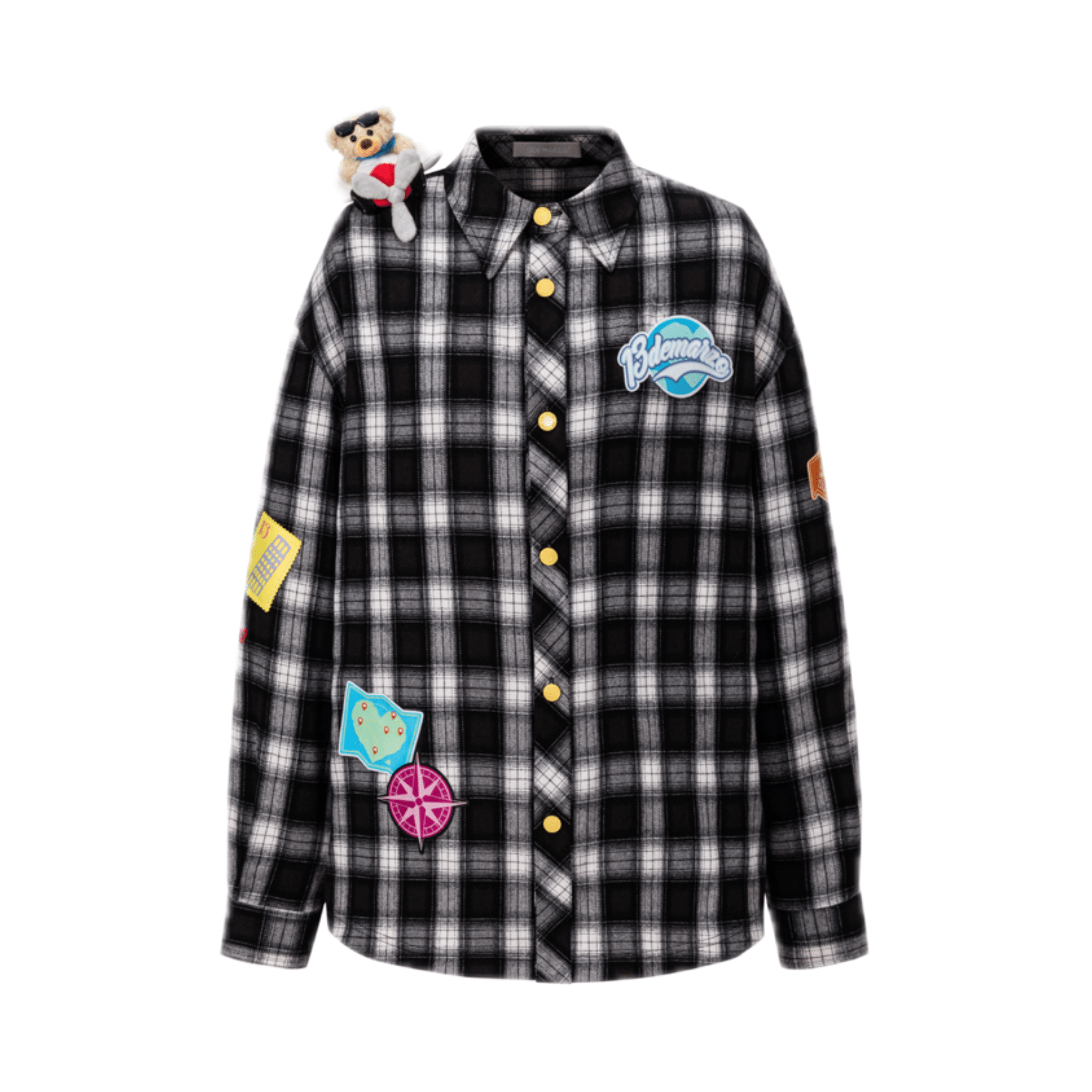 13DE MARZO Colored Woven Logo Check Shirt in Black | MADAX
