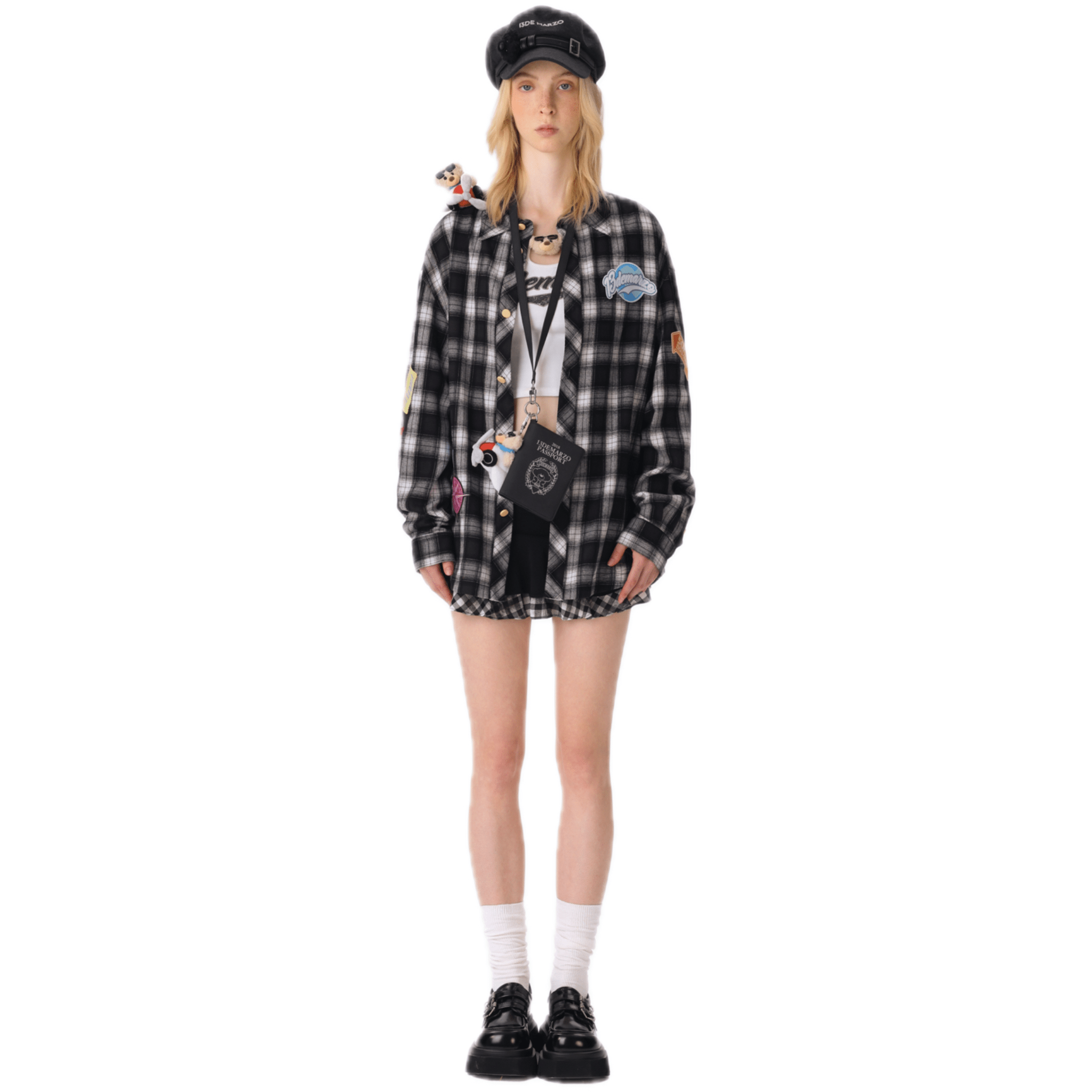 13DE MARZO Colored Woven Logo Check Shirt in Black | MADAX