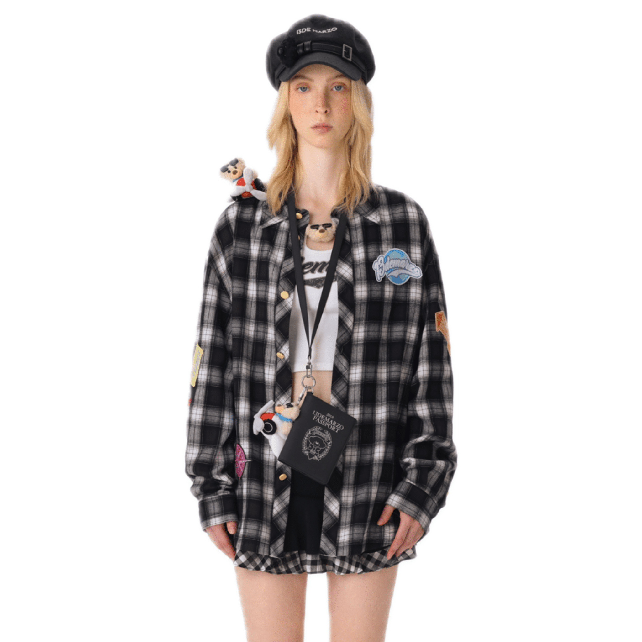 13DE MARZO Colored Woven Logo Check Shirt in Black | MADAX