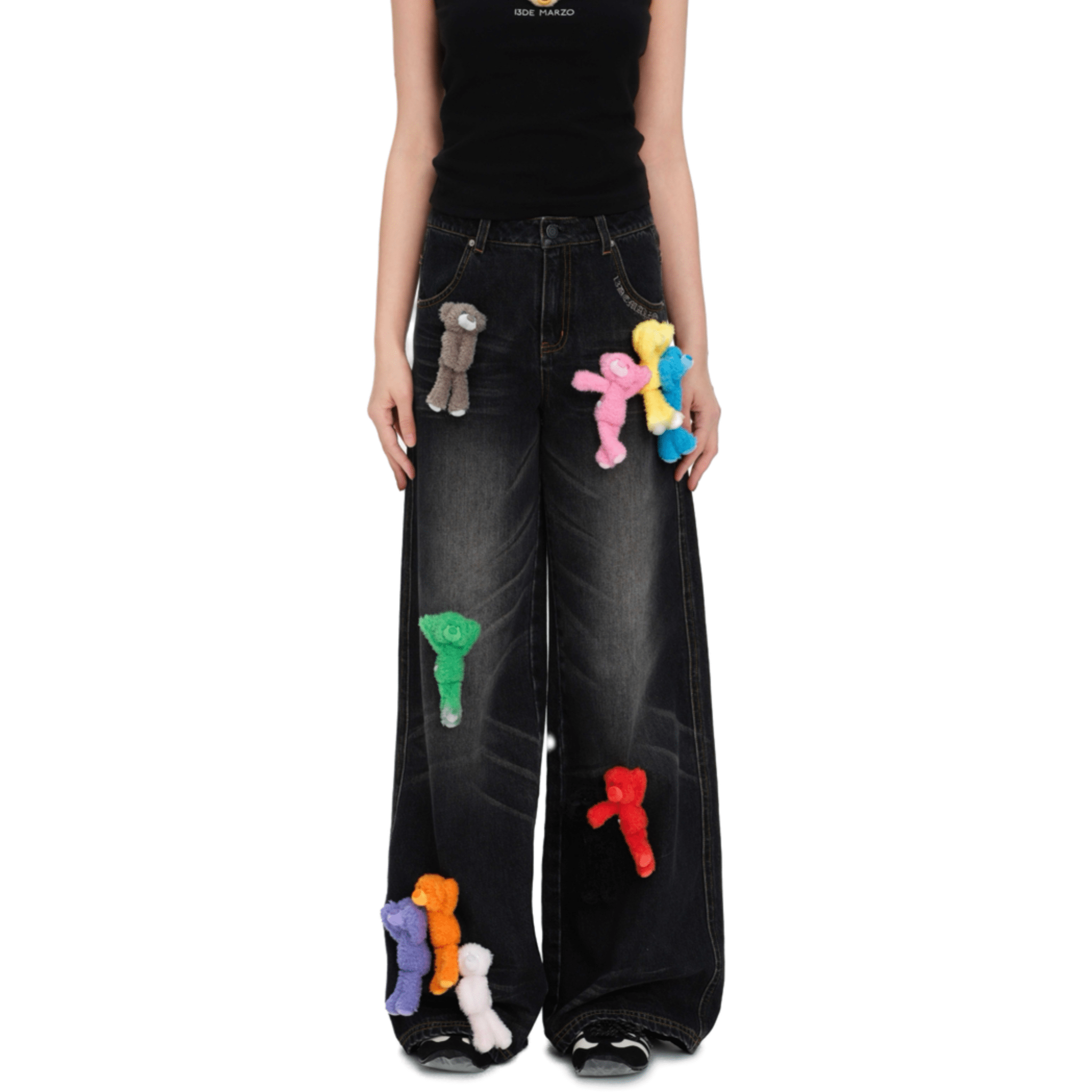 13DE MARZO Colorful Full - body Bear Jeans in Black | MADAX