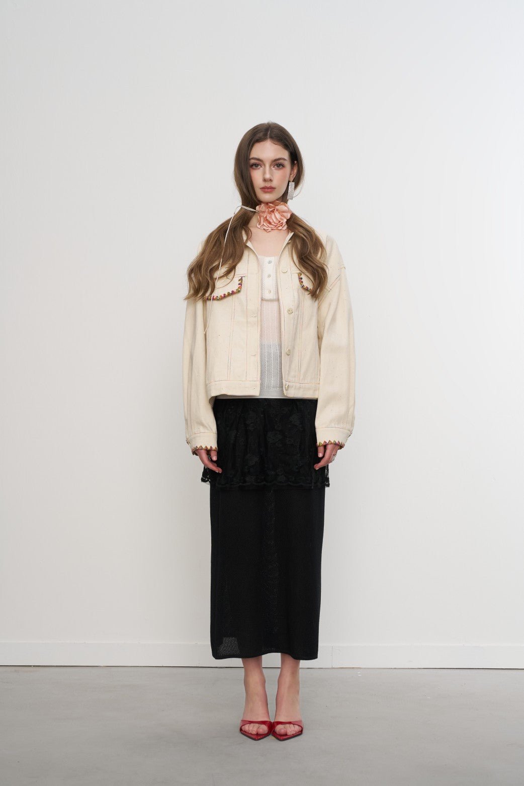 AIMME SPARROW Colorful Polka Dots Denim Jacket In Beige | MADAX