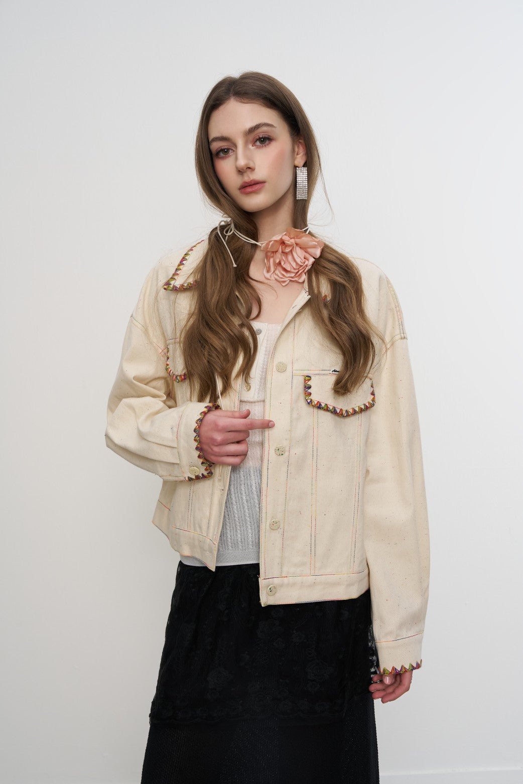 AIMME SPARROW Colorful Polka Dots Denim Jacket In Beige | MADAX