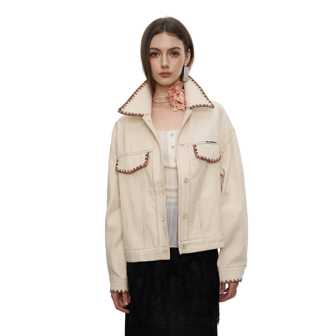 AIMME SPARROW Colorful Polka Dots Denim Jacket In Beige | MADAX