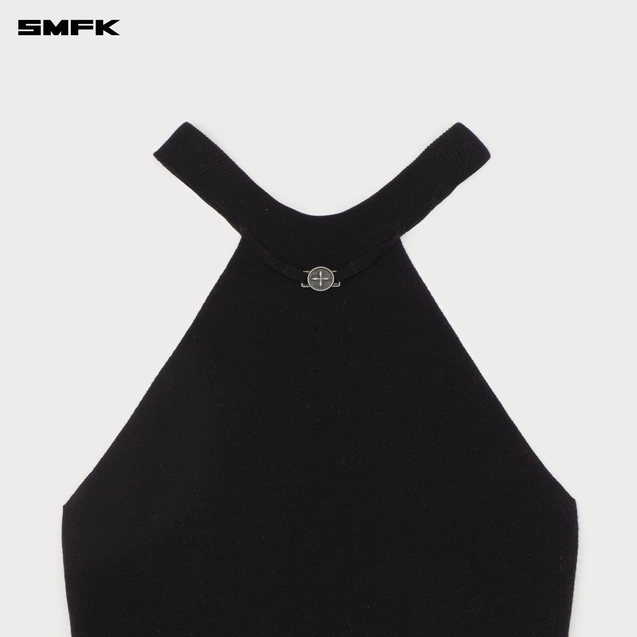 SMFK Compass Badge Necklace Off - shoulder Knit Tank Top In Black | MADAX