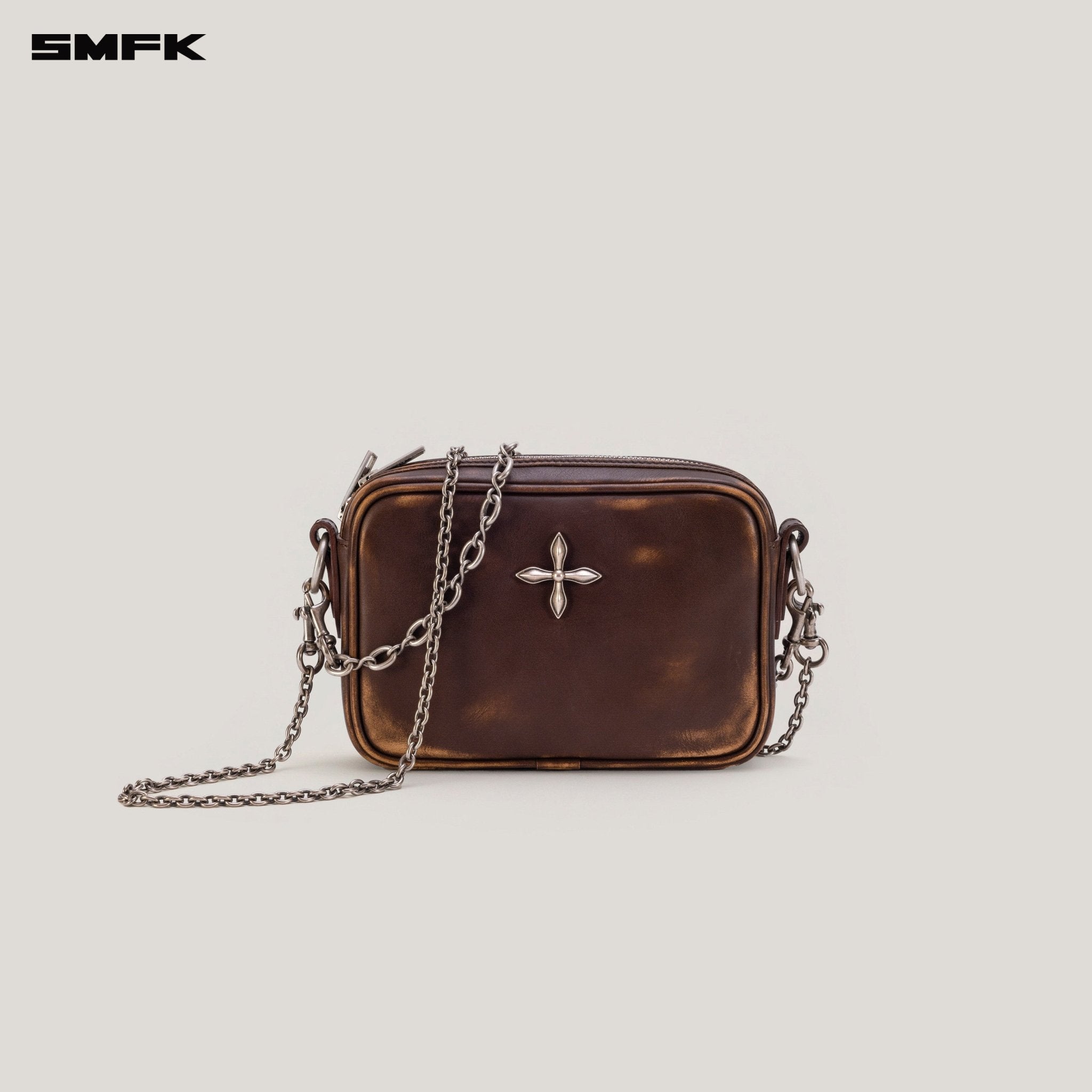 SMFK Compass Badge Patina Leather Chain Bag In Brown (Small) | MADAX