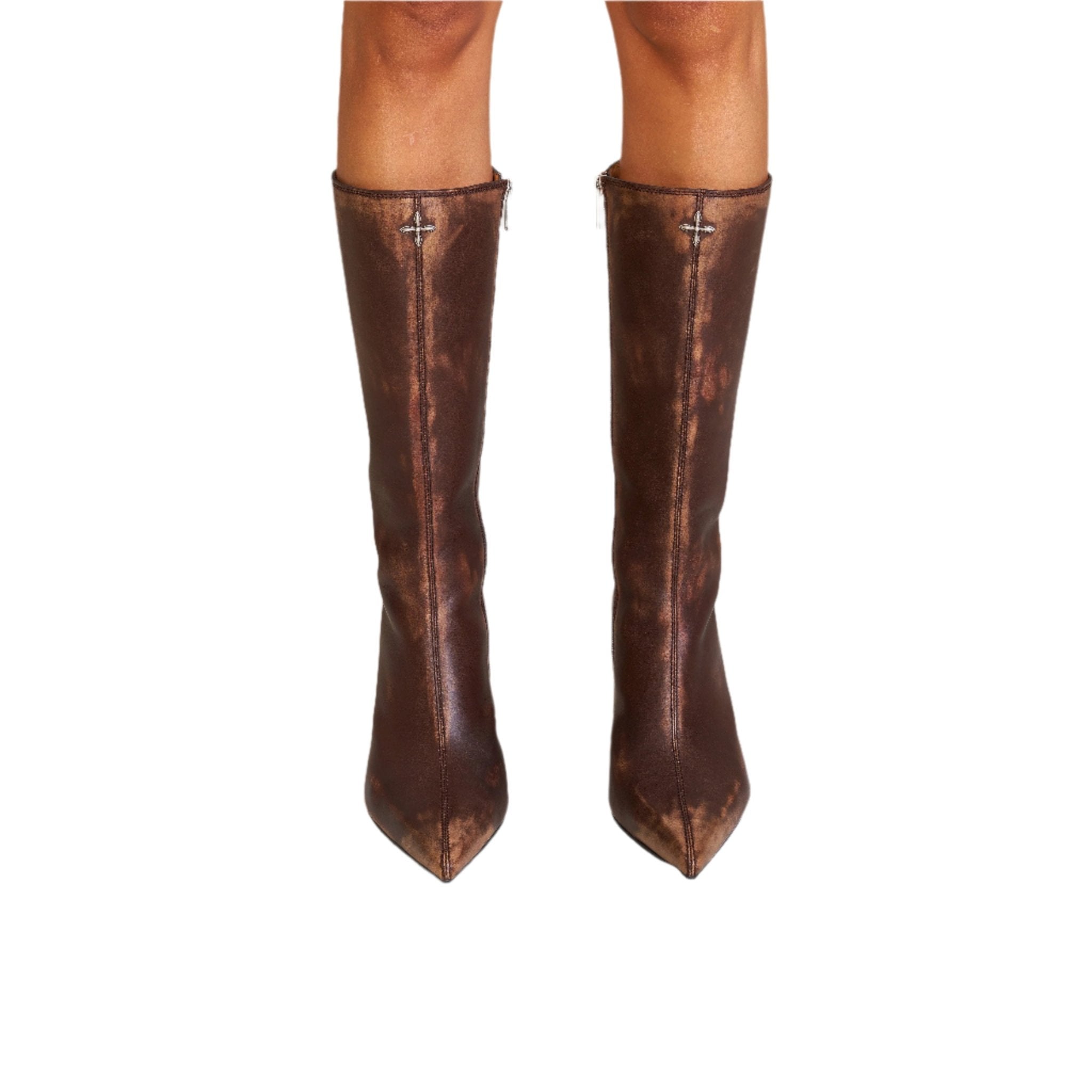 SMFK Compass Badge Sword Leather High Heel Boots In Brown Patina | MADAX
