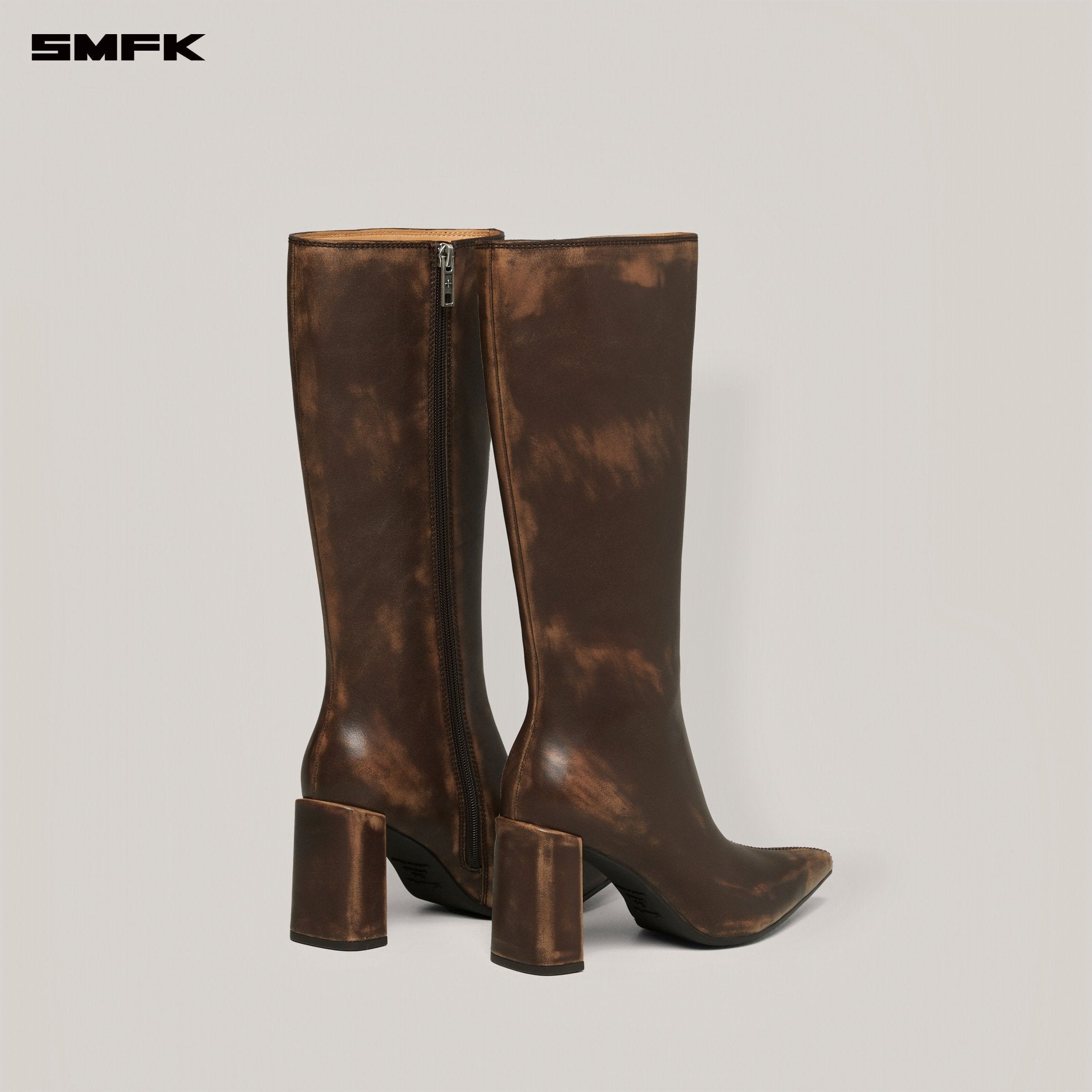 SMFK Compass Badge Sword Leather High Heel Boots In Brown Patina | MADAX