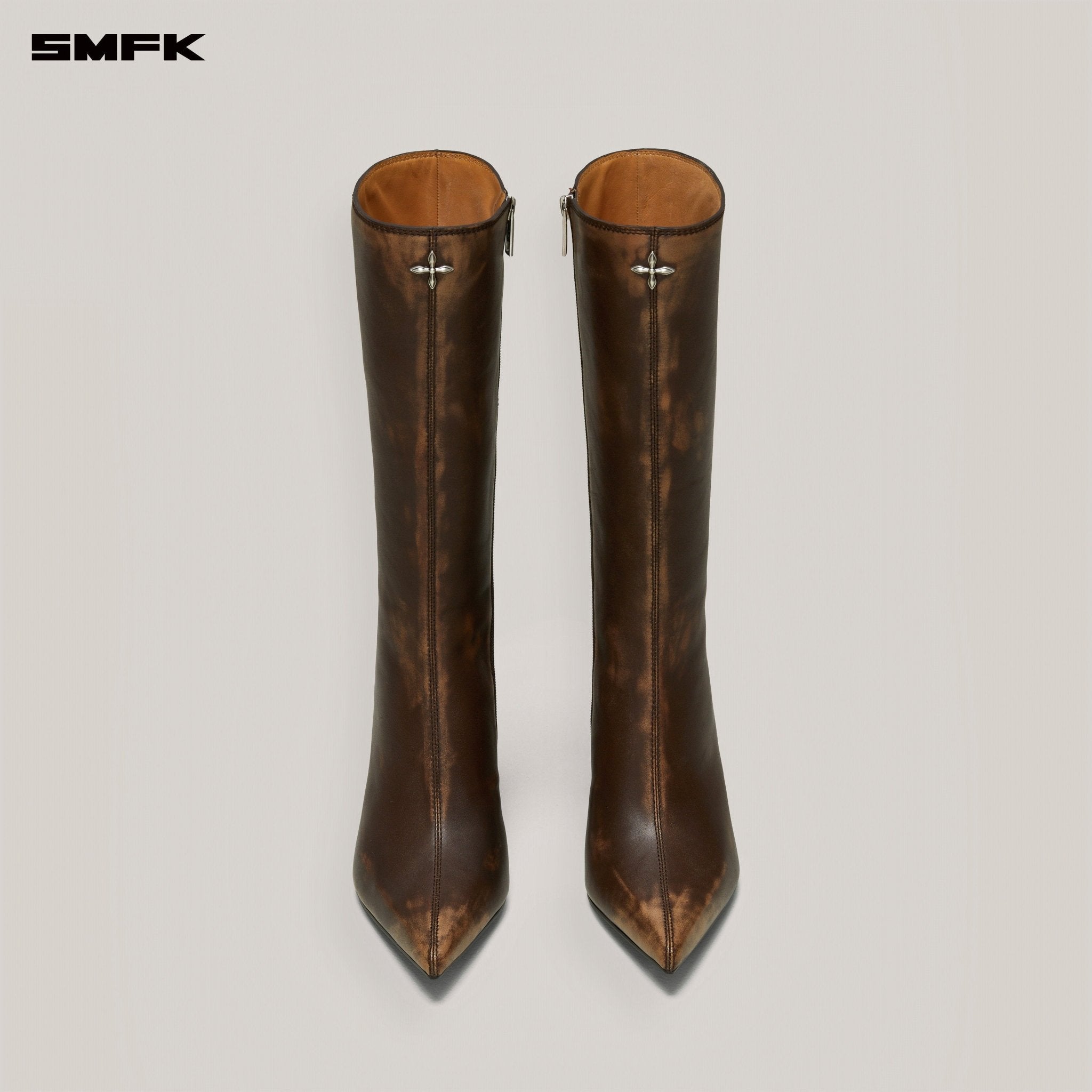SMFK Compass Badge Sword Leather High Heel Boots In Brown Patina | MADAX