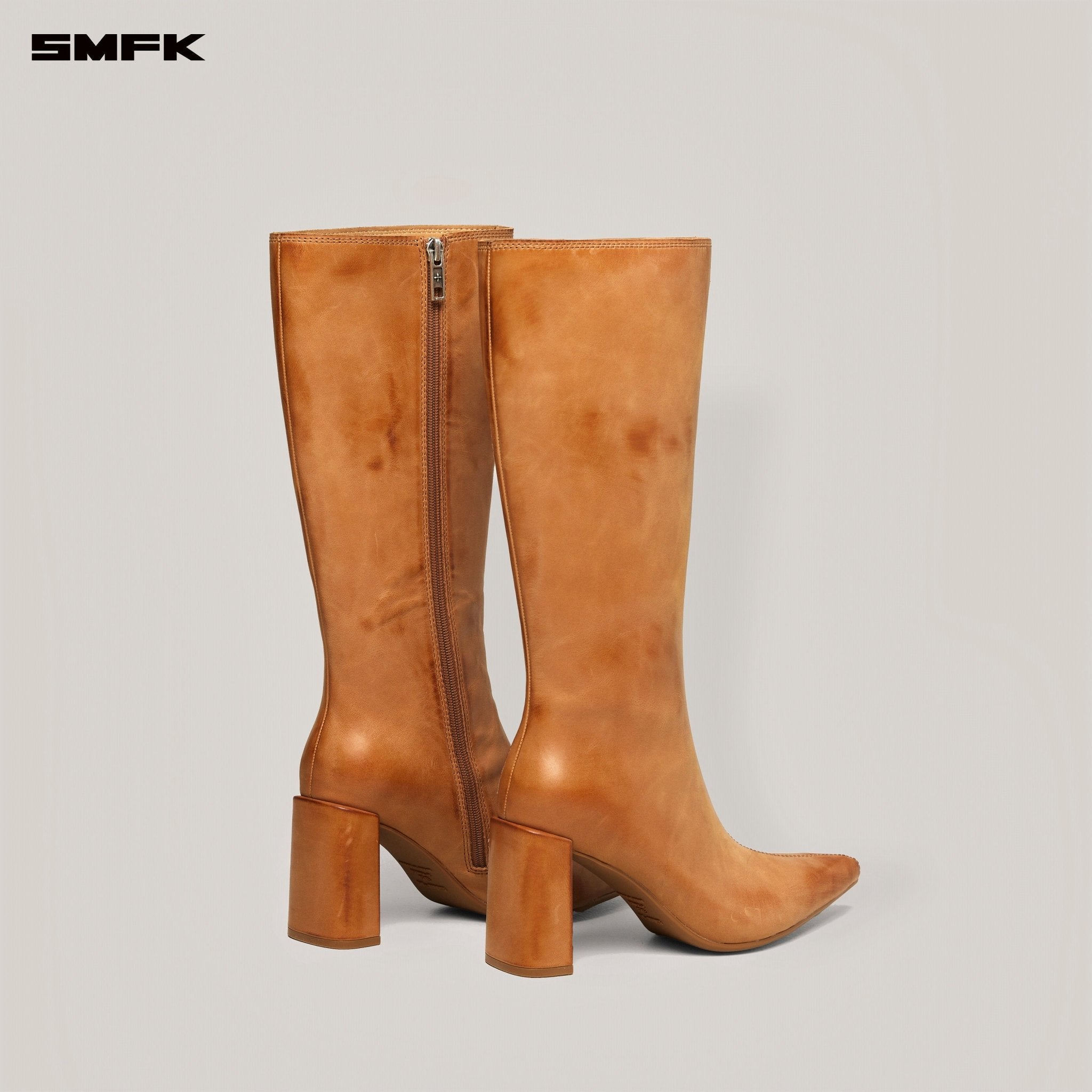 SMFK Compass Badge Sword Leather High Heel Boots In Caramel Patina | MADAX