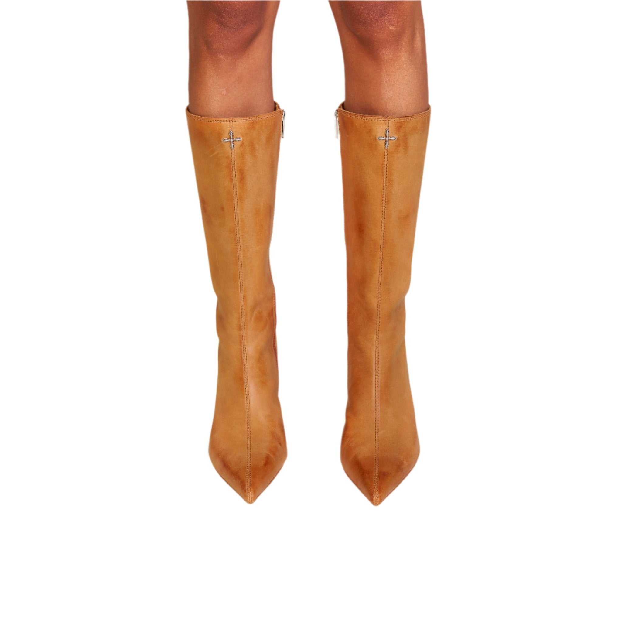 SMFK Compass Badge Sword Leather High Heel Boots In Caramel Patina | MADAX