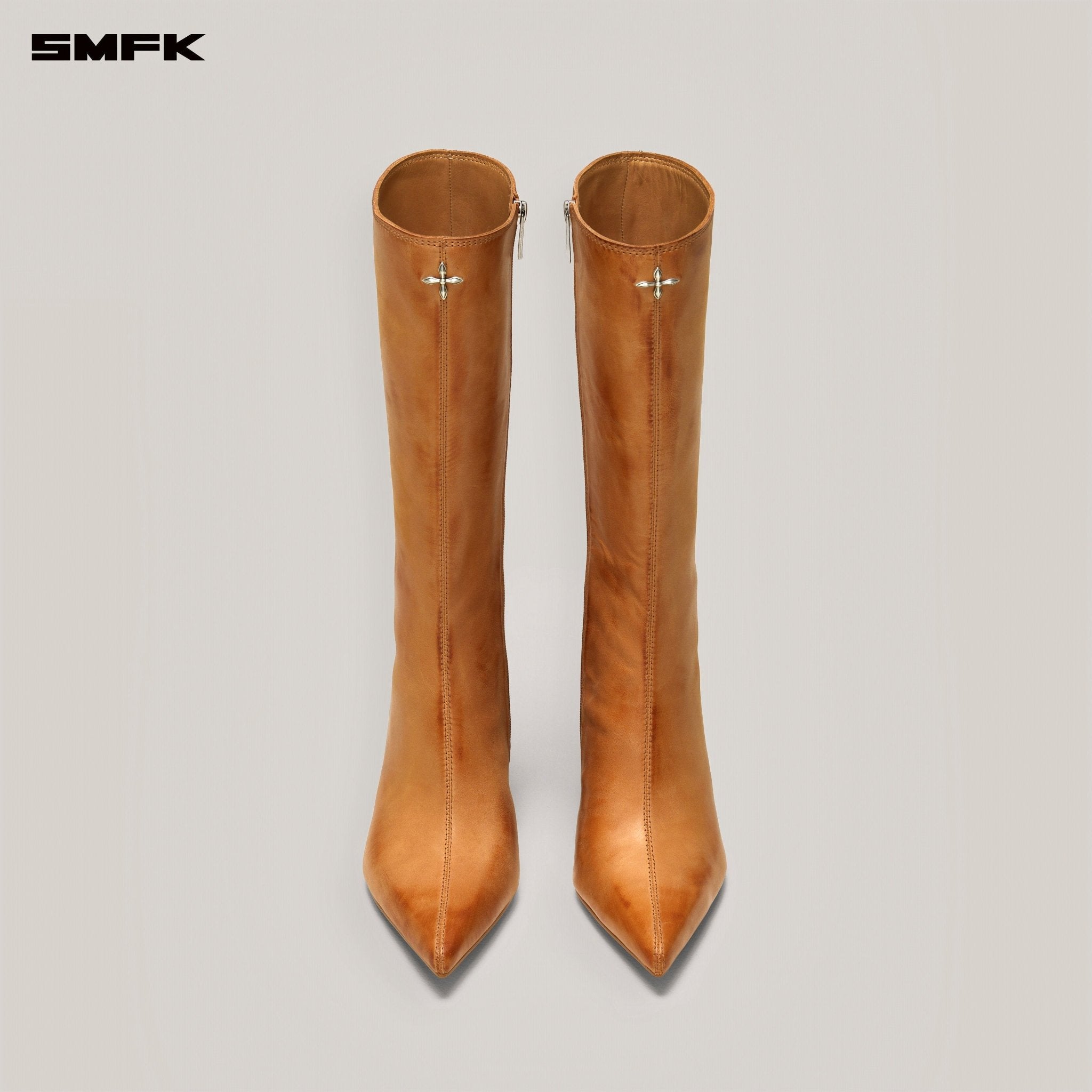 SMFK Compass Badge Sword Leather High Heel Boots In Caramel Patina | MADAX