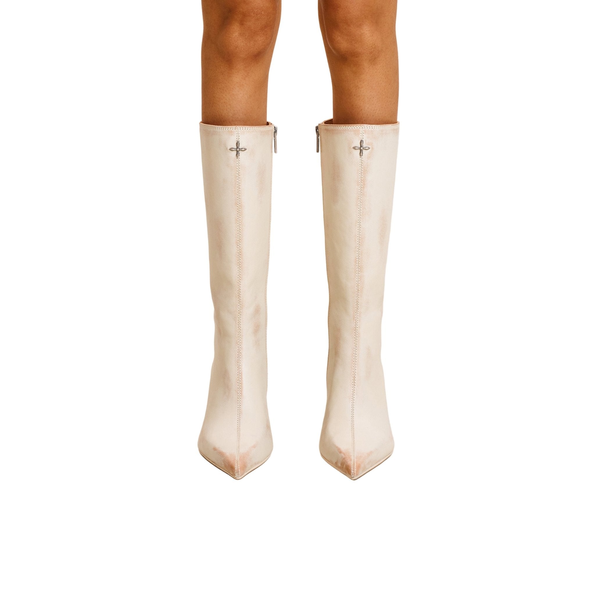 SMFK Compass Badge Sword Leather High Heel Boots In Creamy Patina | MADAX