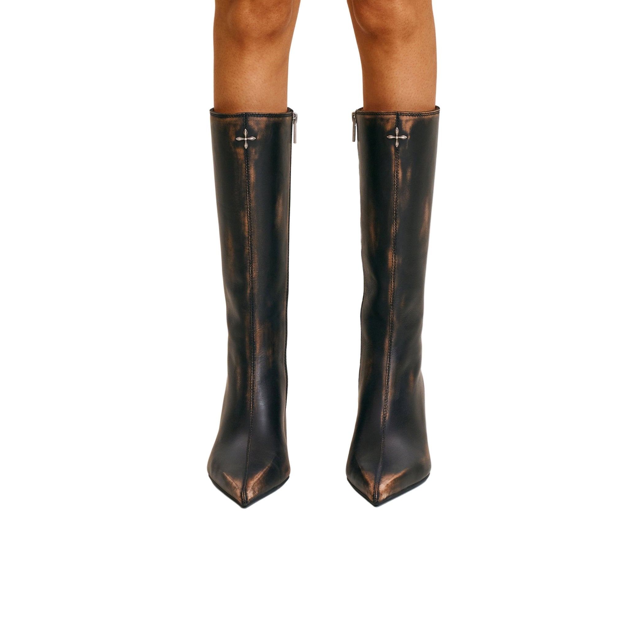 SMFK Compass Badge Sword Leather High Heel Boots In Graphite Patina | MADAX