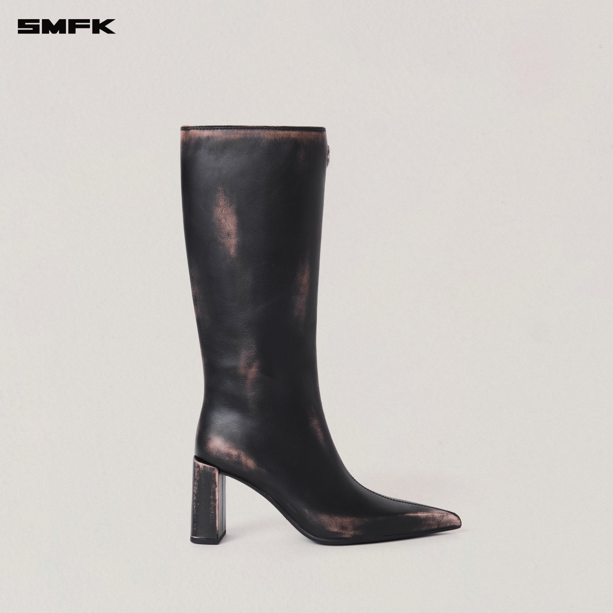 SMFK Compass Badge Sword Leather High Heel Boots In Graphite Patina | MADAX